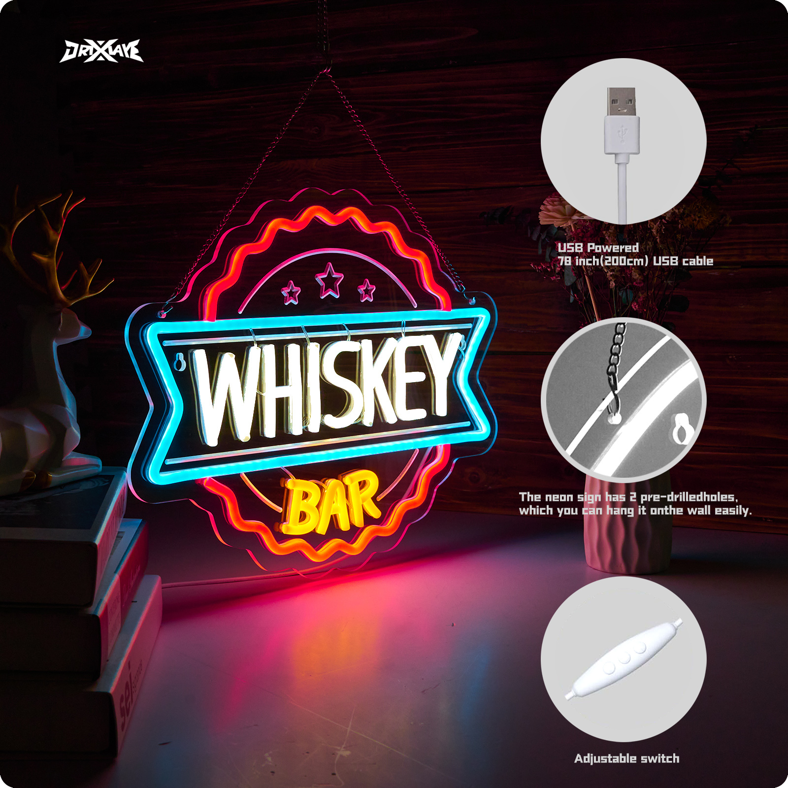 Whiskey Bar Neon Sign for wall decor Perfect for Home Bars, Pubs & Restaurants USB-Powered (15.6x12.4 Inches)