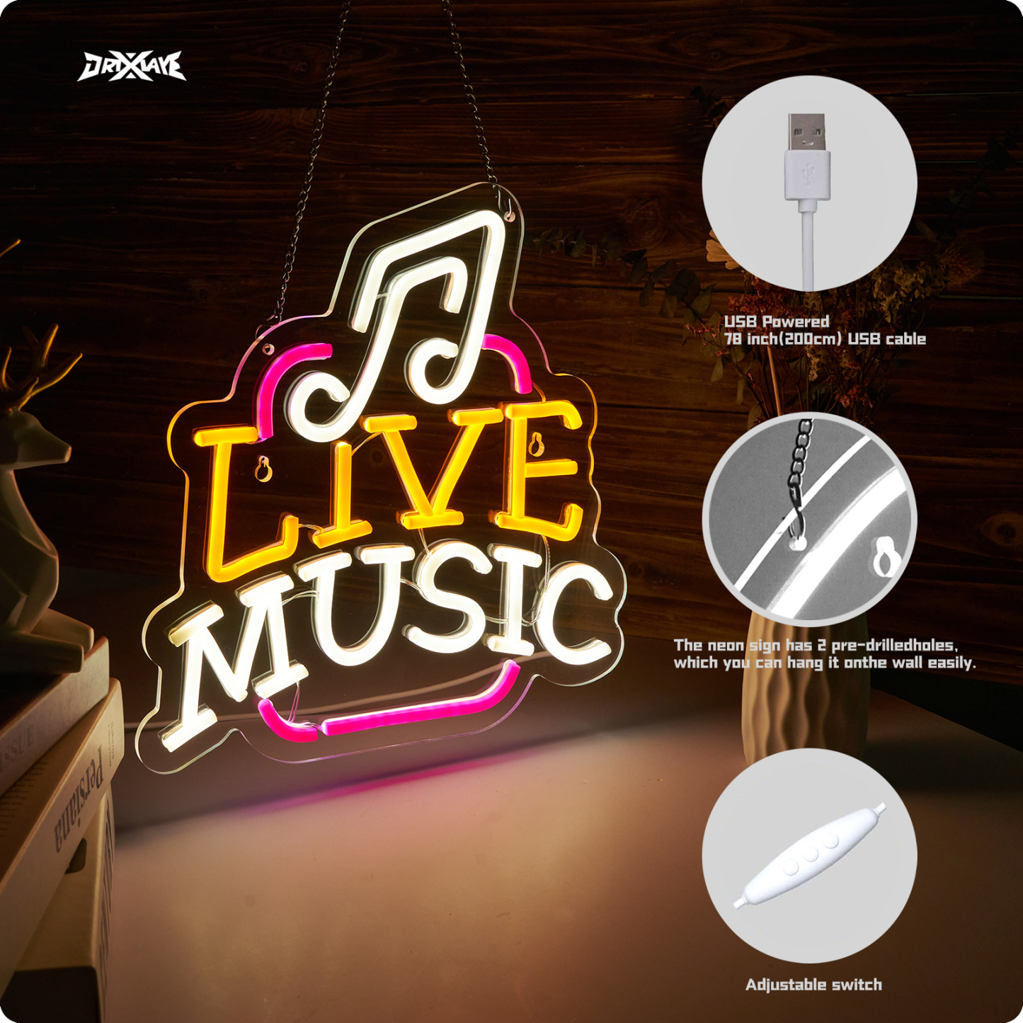Live Music Neon Sign LED Wall Art for Bedroom, Bar, Studio – USB Powered, Dimmable, Energy-Efficient(12.6x12.6 Inch)