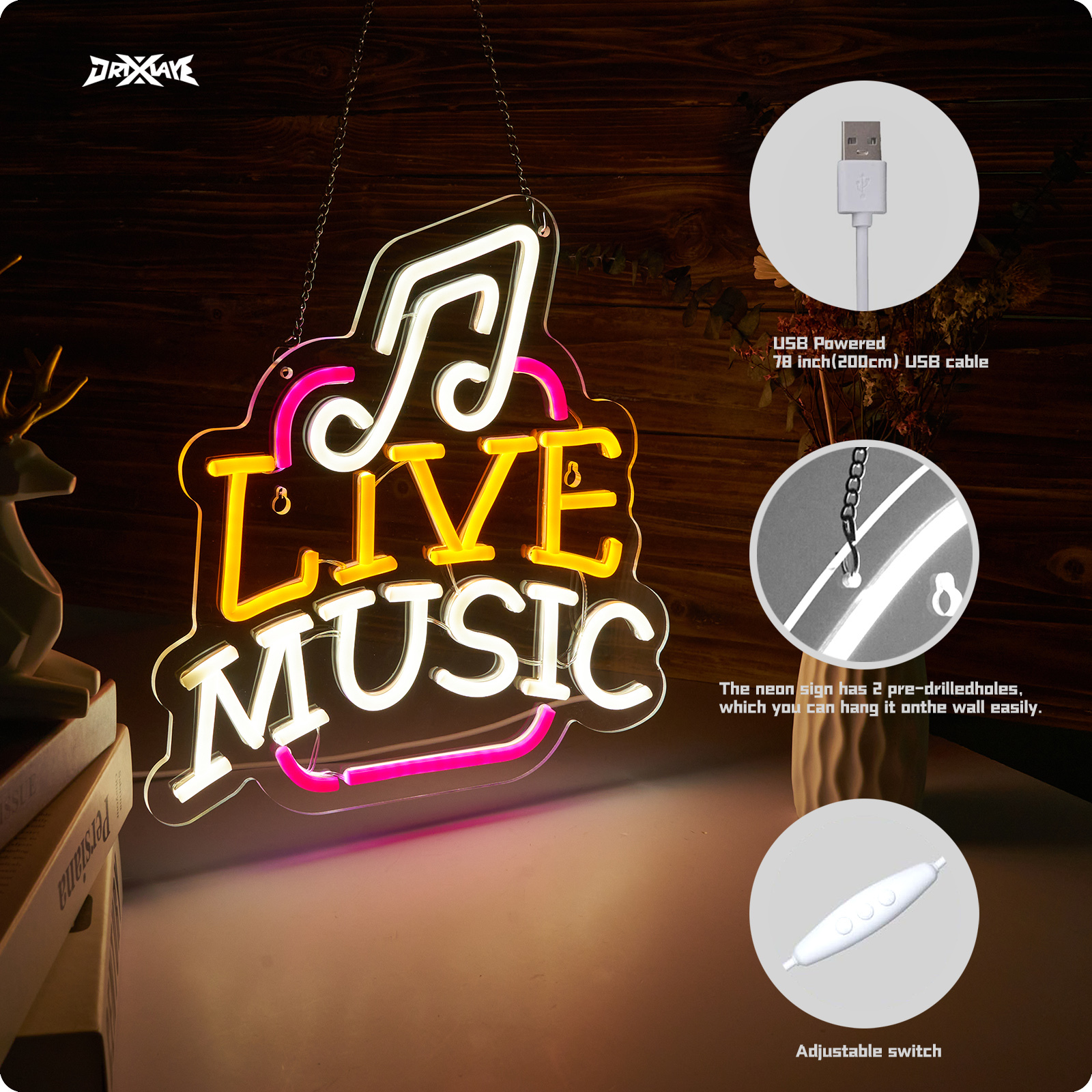 Live Music Neon Sign LED Wall Art for Bedroom, Bar, Studio – USB Powered, Dimmable, Energy-Efficient(12.6x12.6 Inch)