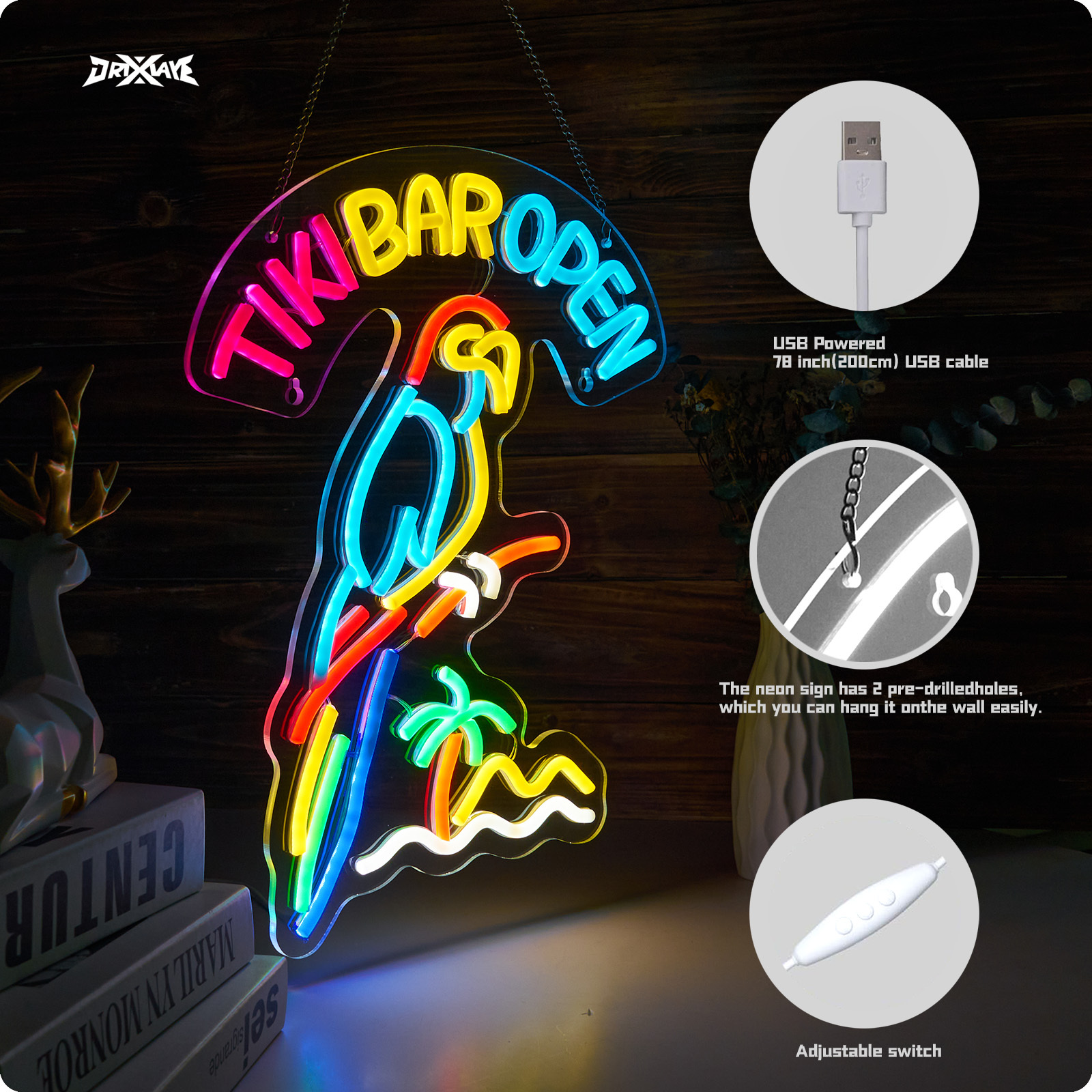 Tiki Bar Parrot Neon Sign for Wall Decor Hawaii Beach Bar LED Sign with Dimmer for Pub Party Man Cave Room Art Decor Gift USB-Powered (16.1x12.6) Inch