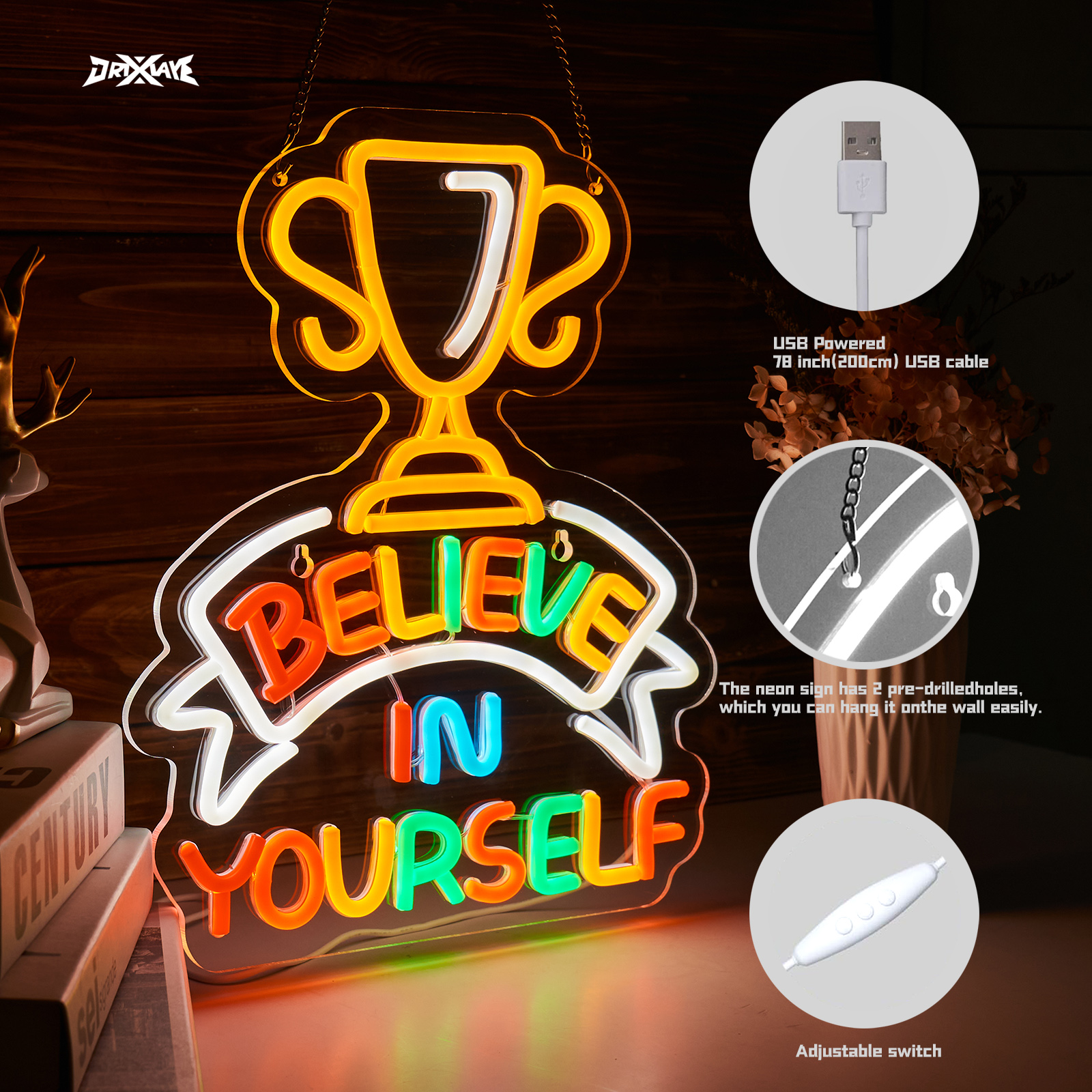 Believe in Yourself Neon Sign for Room Decor Smart plug timer compatible USB-Powered Teen Room Gifts for Birthday Kids Boys Room Decor(12.6x14.8Inch)