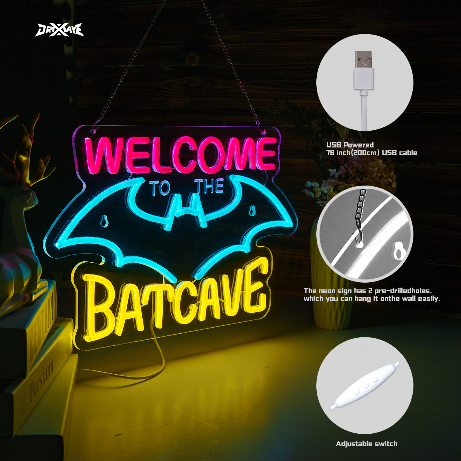 Bat Cave Neon Sign for Wall Decor Halloween Light Smart plug timer compatible USB-Powered Bedroom Man Cave Bar (16.5x10.8 Inch）