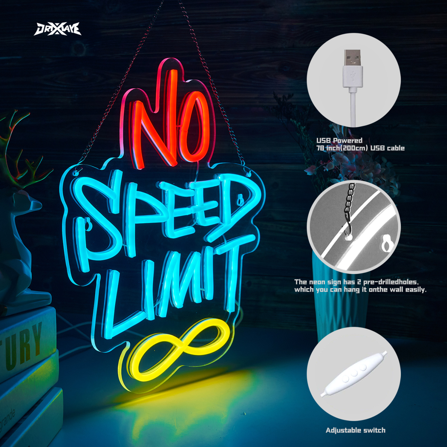 No Speed Limit Neon Sign No Speed Limit Signs for wall decor Smart plug timer compatible USB-Powered Suitable for Kids Room Man Cave (12.6x14.9 Inch)