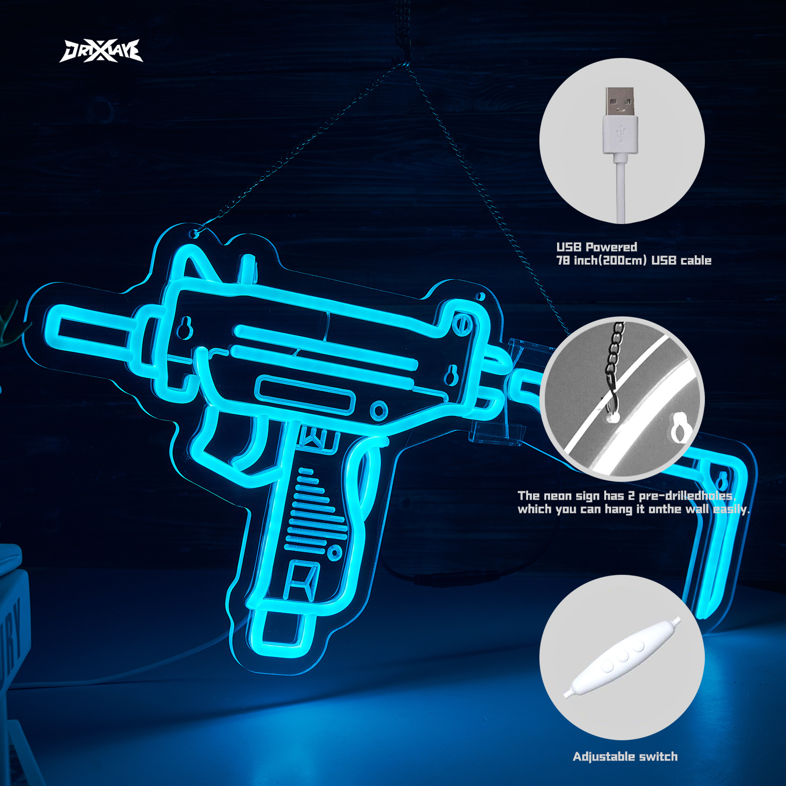 Gun Neon Sign UZI Sign for Wall Decor Large Size(23.4x11.2 Inch) Smart plug timer compatible USB Powered Man Cave Bedroom Decor