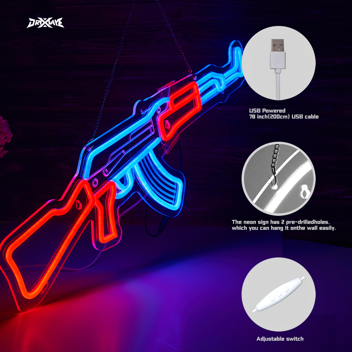 Gun Neon Sign AK 47 Sign for Wall Decor Large Size(26.5x8.7 Inch) Smart plug timer compatible USB Powered Man Cave Bedroom Decor