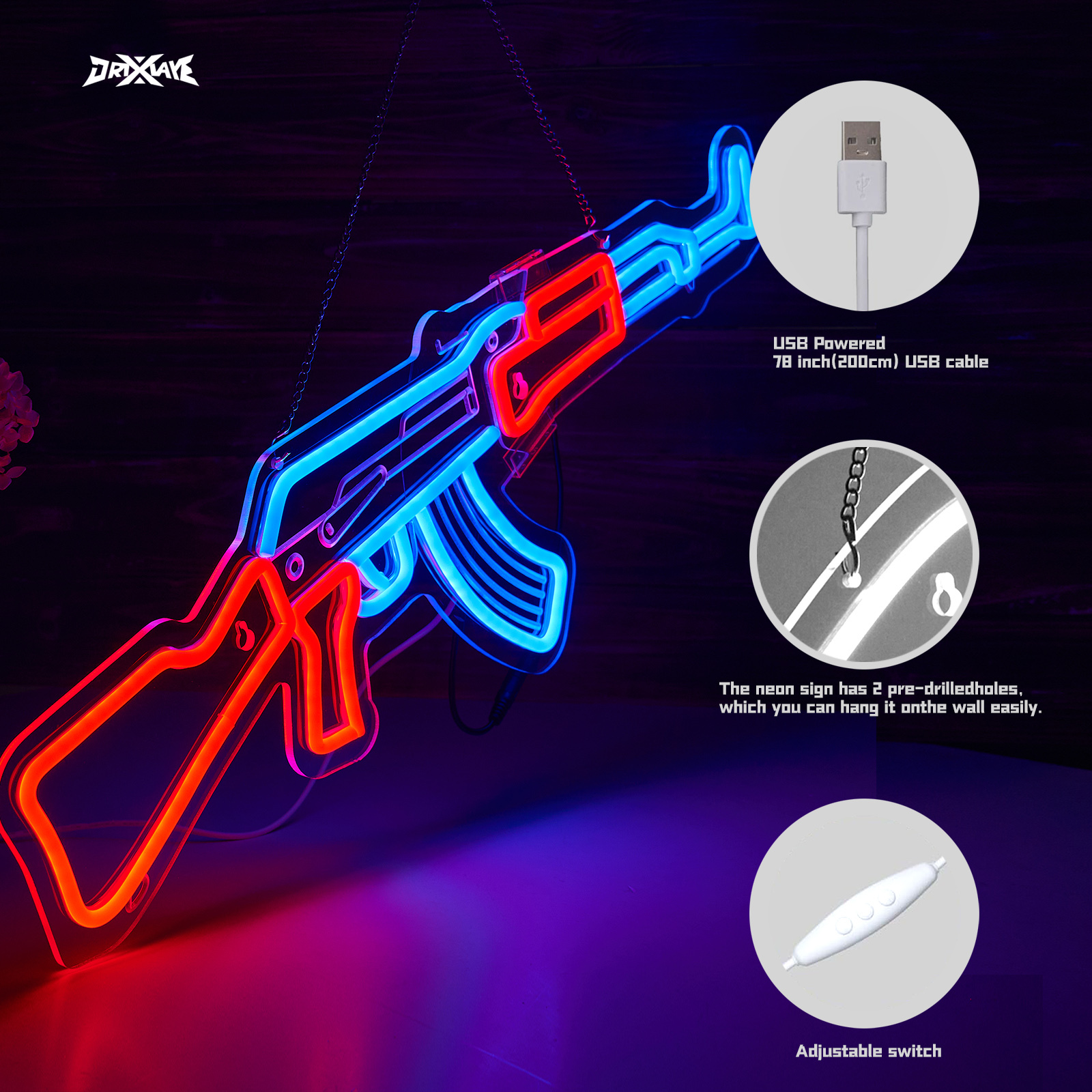 Gun Neon Sign AK 47 Sign for Wall Decor Large Size(26.5x8.7 Inch) Smart plug timer compatible USB Powered Man Cave Bedroom Decor