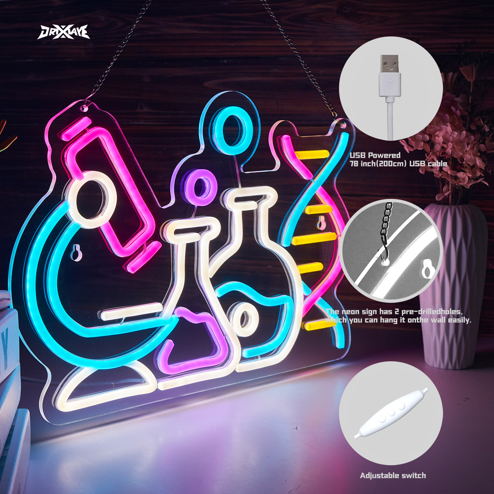 Science Neon Sign DNA Double Helix Neon Sign for wall decor Smart plug timer compatible USB-Powered Biology Science Gift Chemistry Light Up Sign for Laboratory Chemical (16.5x11.5 Inch)