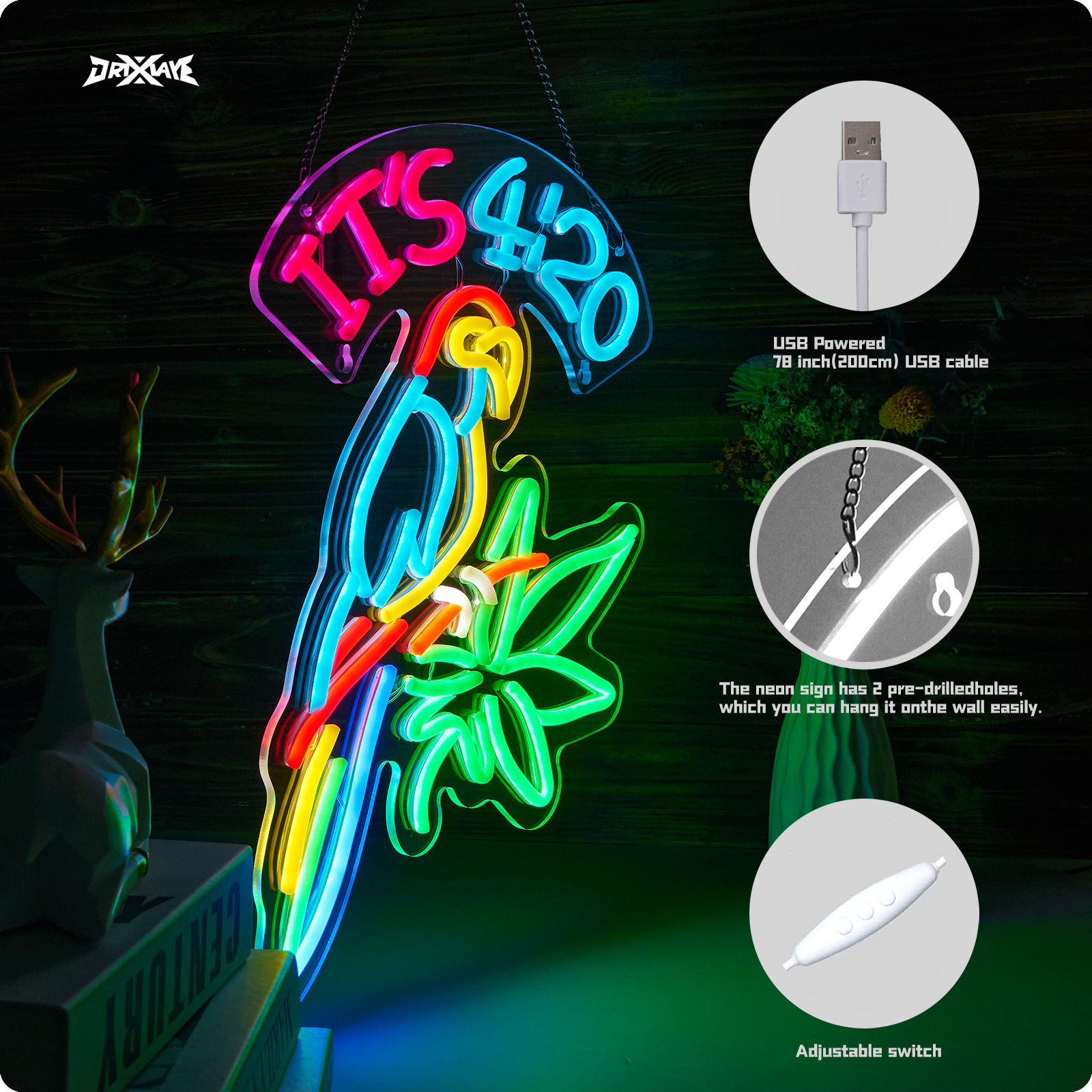 420 Neon Sign Green Leaf Neon Signs for Wall Decor 420 Decorations Led Signs with Dimmer for Pub Party Man Cave Room Art Decor Gift USB-Powered (16.2x12.6) Inch