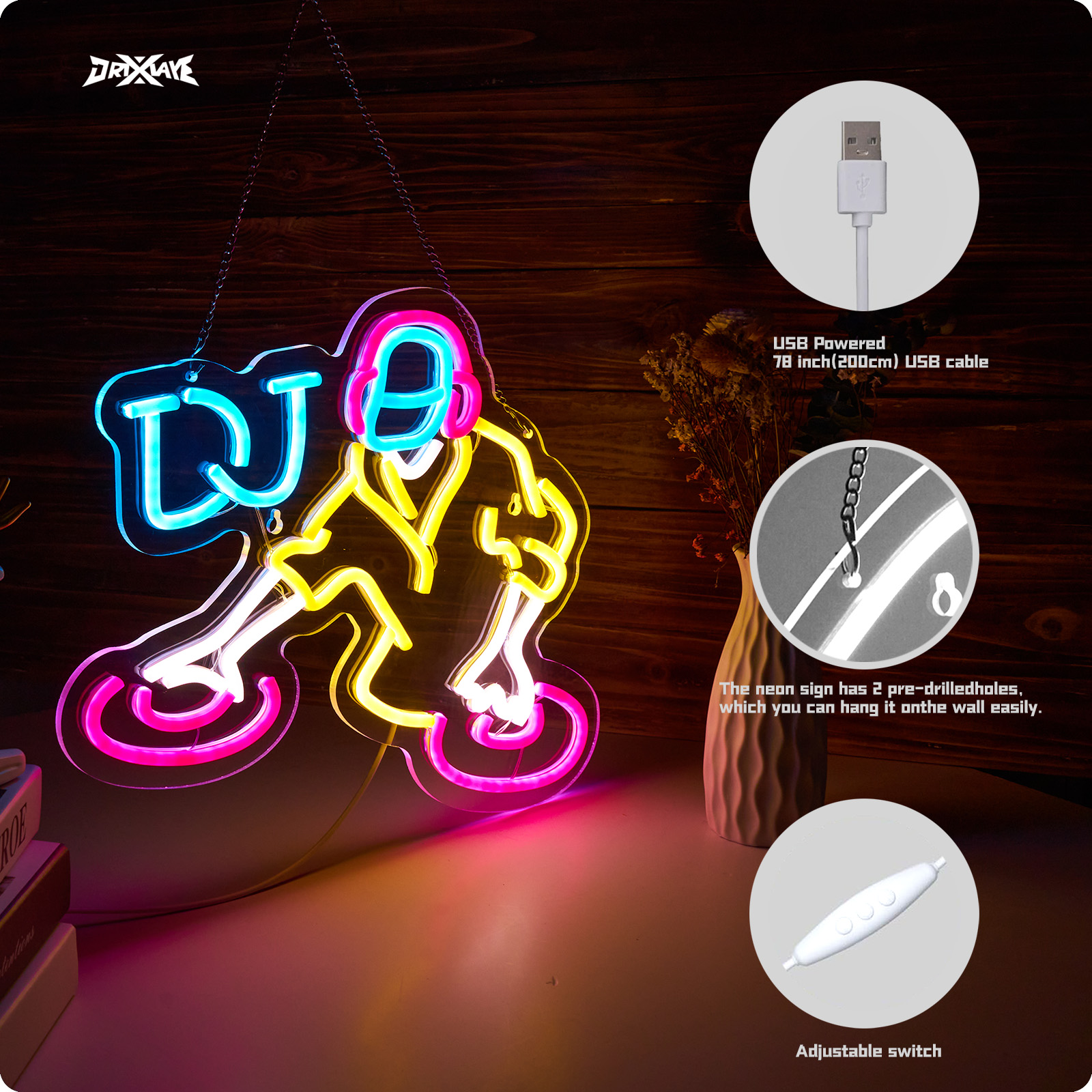 DJ Neon Sign for wall decor Teen Room Decor Gifts for Birthday Kids Room Art Decor Boys Playroom Bedroom Decor(16.3x12.2 in)