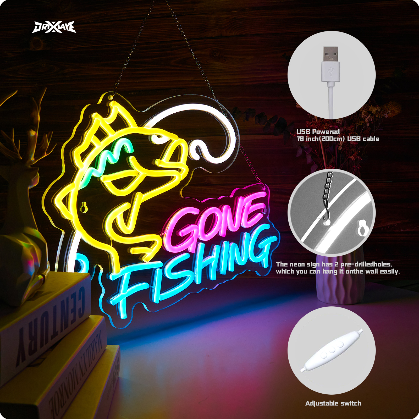 Fishing Neon Sign for Wall Decor Fishing Shop Fishing Gear Store Fisher Club Room Man Cave 5V/2A USB Powered Dimmable