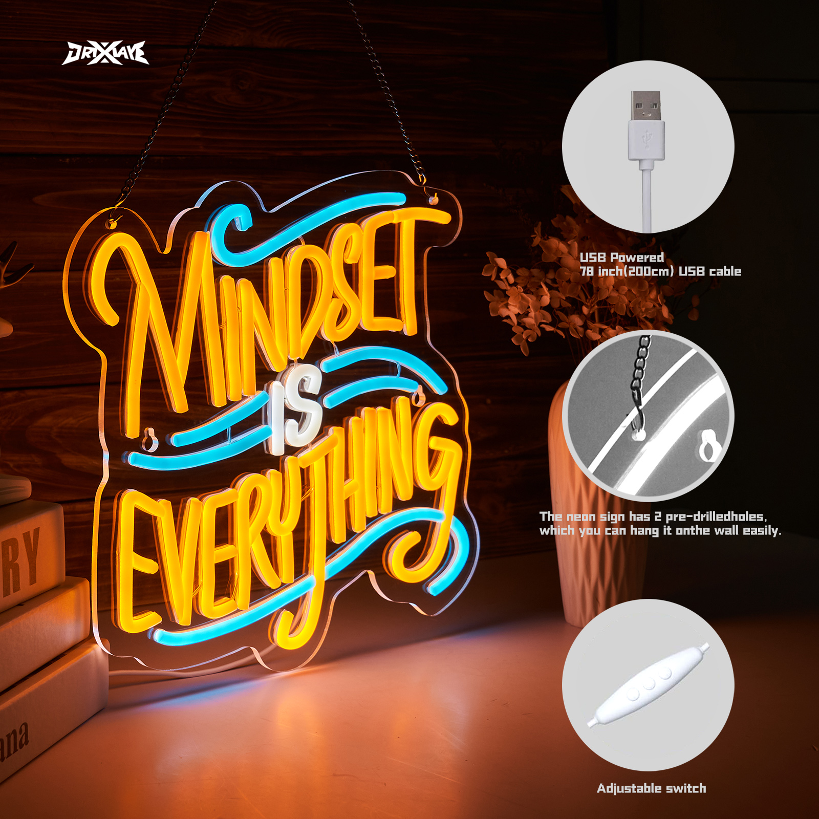 Mindset is Everything Neon Sign for Wall decor Light Smart plug timer compatible USB-Powered Teen Room Gifts for Birthday Kids Boys Room Decor(12.8x12.5Inch)