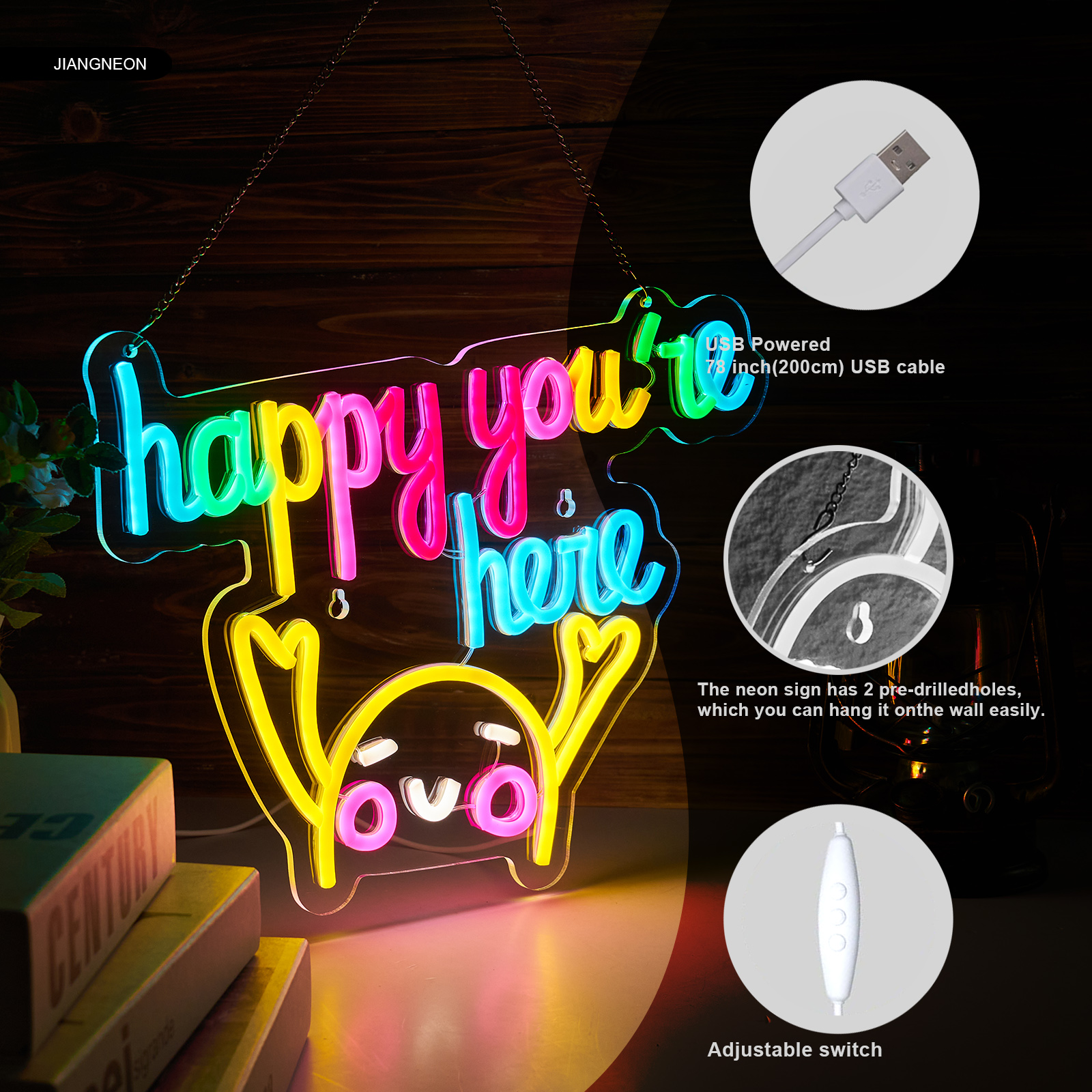 Happy You're Here Neon Sign for wall decor Smart plug timer compatible USB-Powered Suitable for Teen Room Gifts for Birthday Kids Room Art Decor (16.1x12.6 Inch)
