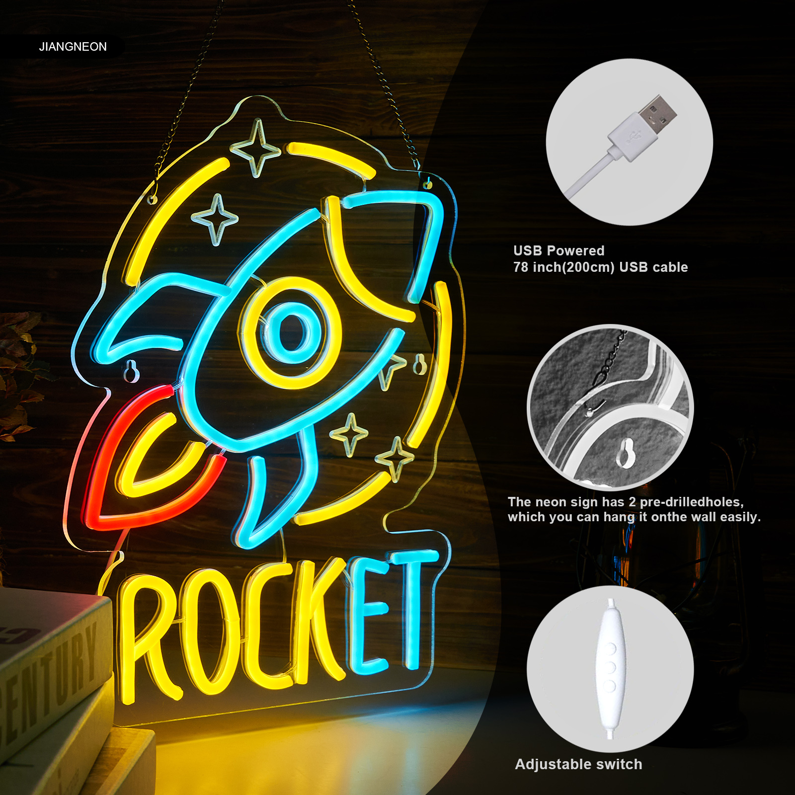Rocket Neon Sign Universe Neon Sign for wall decor Smart plug timer compatible USB-Powered Suitable for Teen Room Gifts for Birthday Kids Room Art Decor (16.5x12.4 Inch)