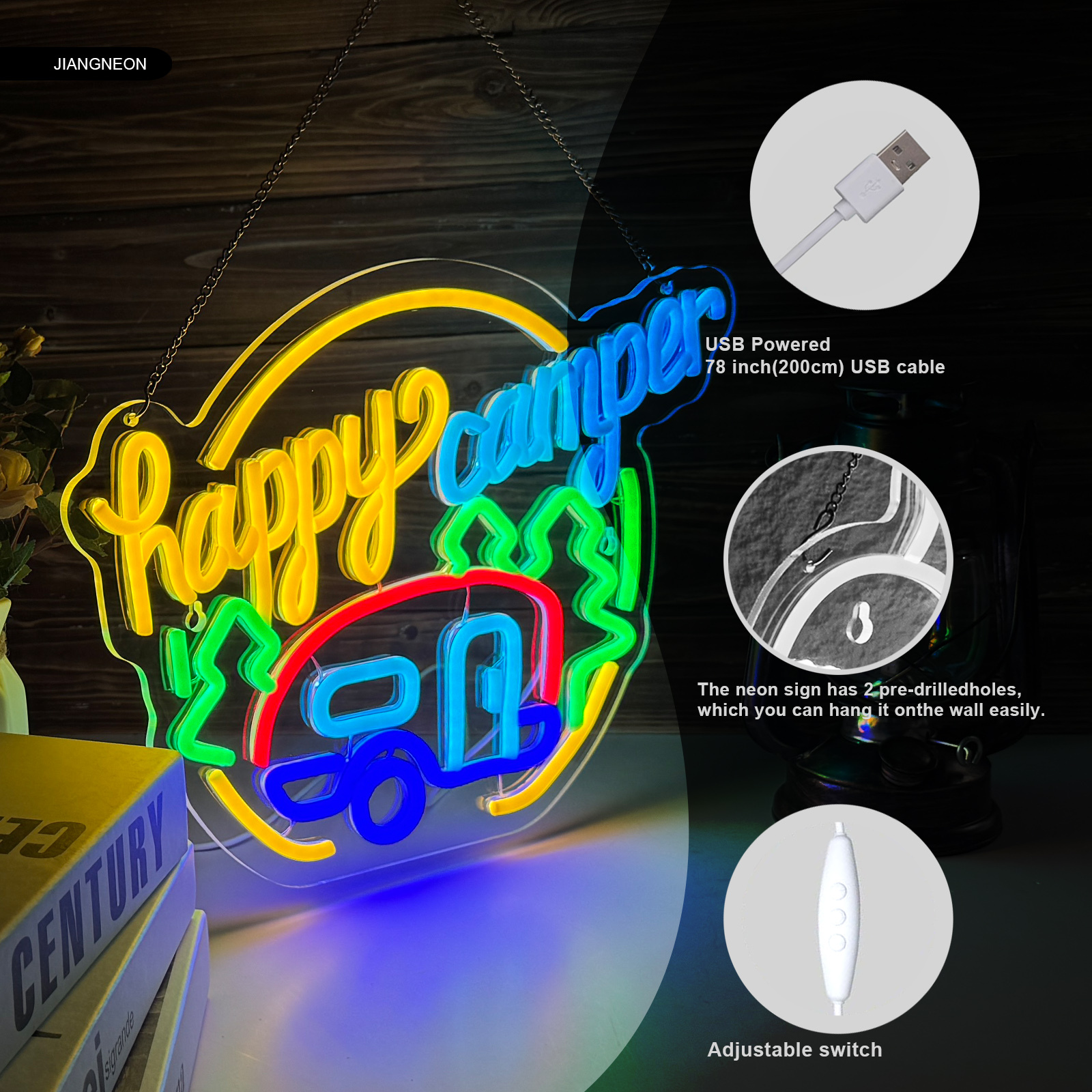 Happy Camper neon sign camping neon sign for wall decor Smart plug timer compatible USB-Powered Suitable for Teen Room Touring Car Gifts Campsite Decorations Inside Camper Backdrop (16.5x12.1 Inch)