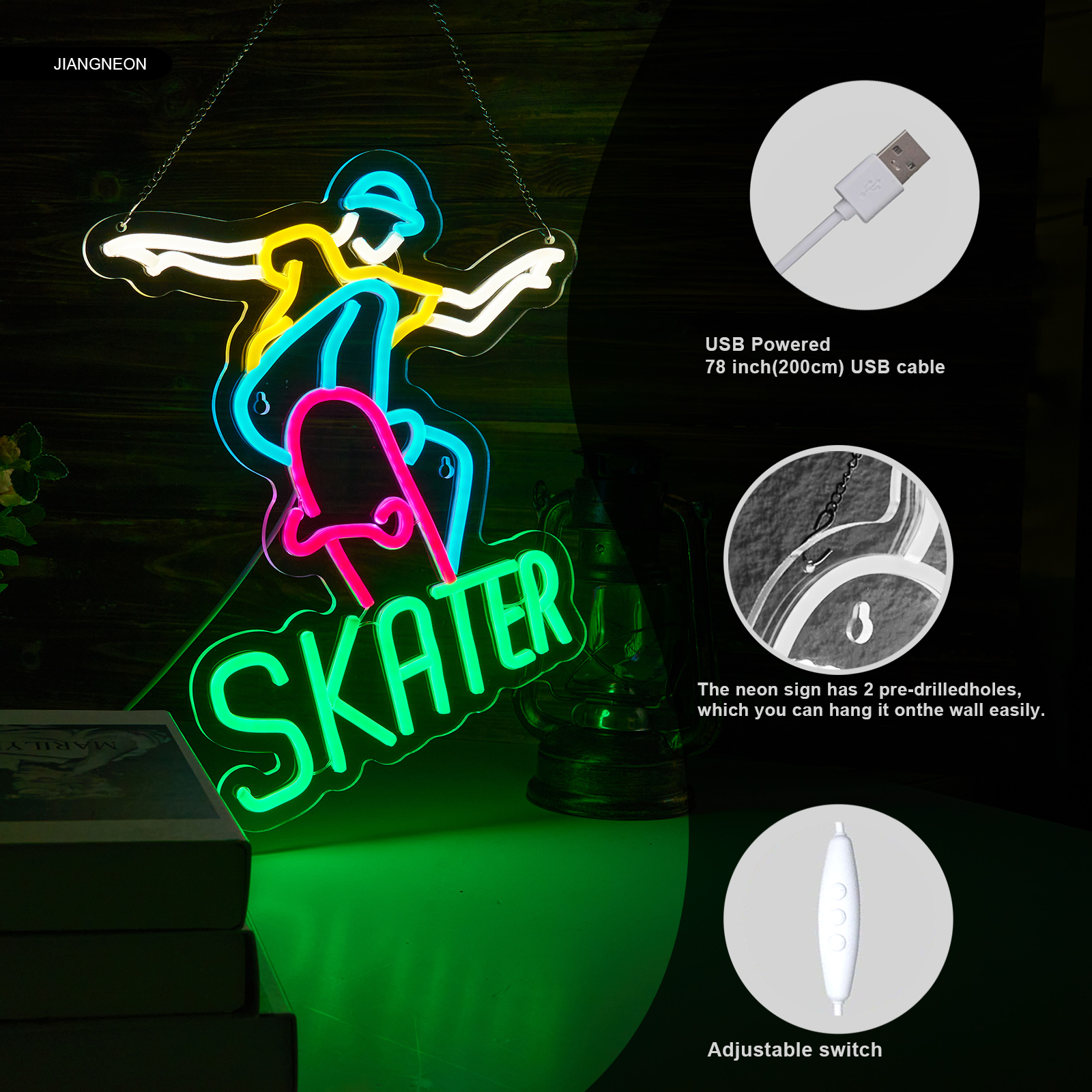 Skater Neon Sign Skateboard Neon Sign for wall decor Gifts for Birthday Kids Room Art Decor(15.8x12.6 Inch)