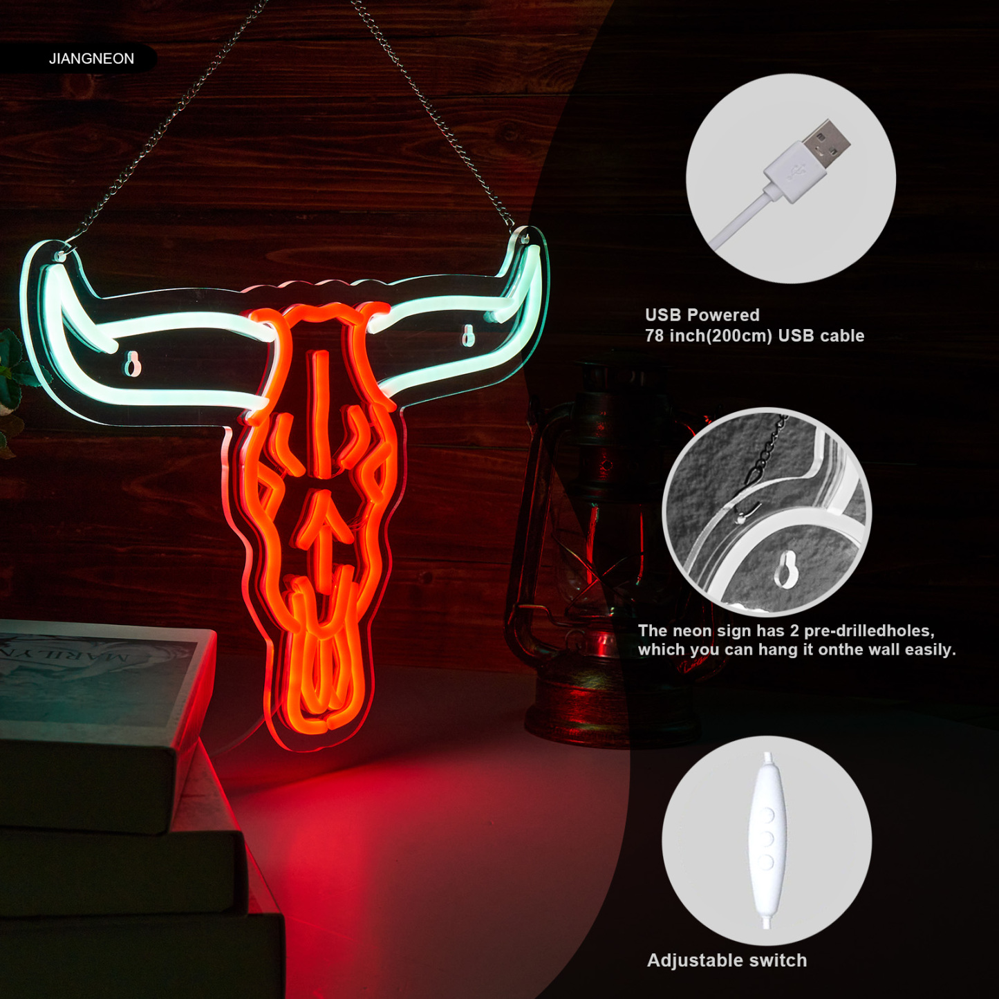 Longhorn Bull Skull Neon Sign Cowboy Western Rodeo Bull Skull Neon Sign for wall decor Beer Bar Club Man Cave(16.5x11.9 Inch)