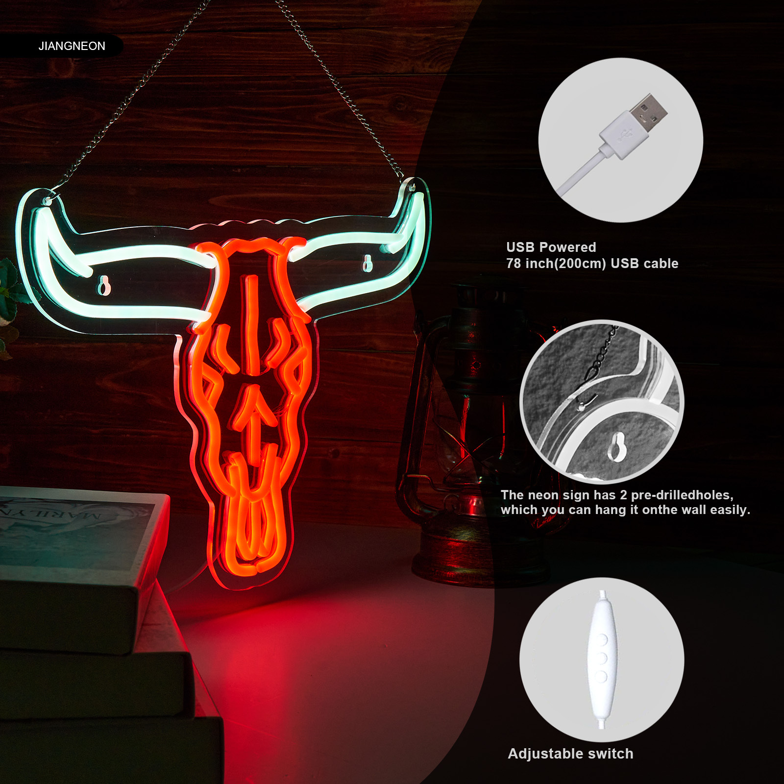 Longhorn Bull Skull Neon Sign Cowboy Western Rodeo Bull Skull Neon Sign for wall decor Beer Bar Club Man Cave(16.5x11.9 Inch)