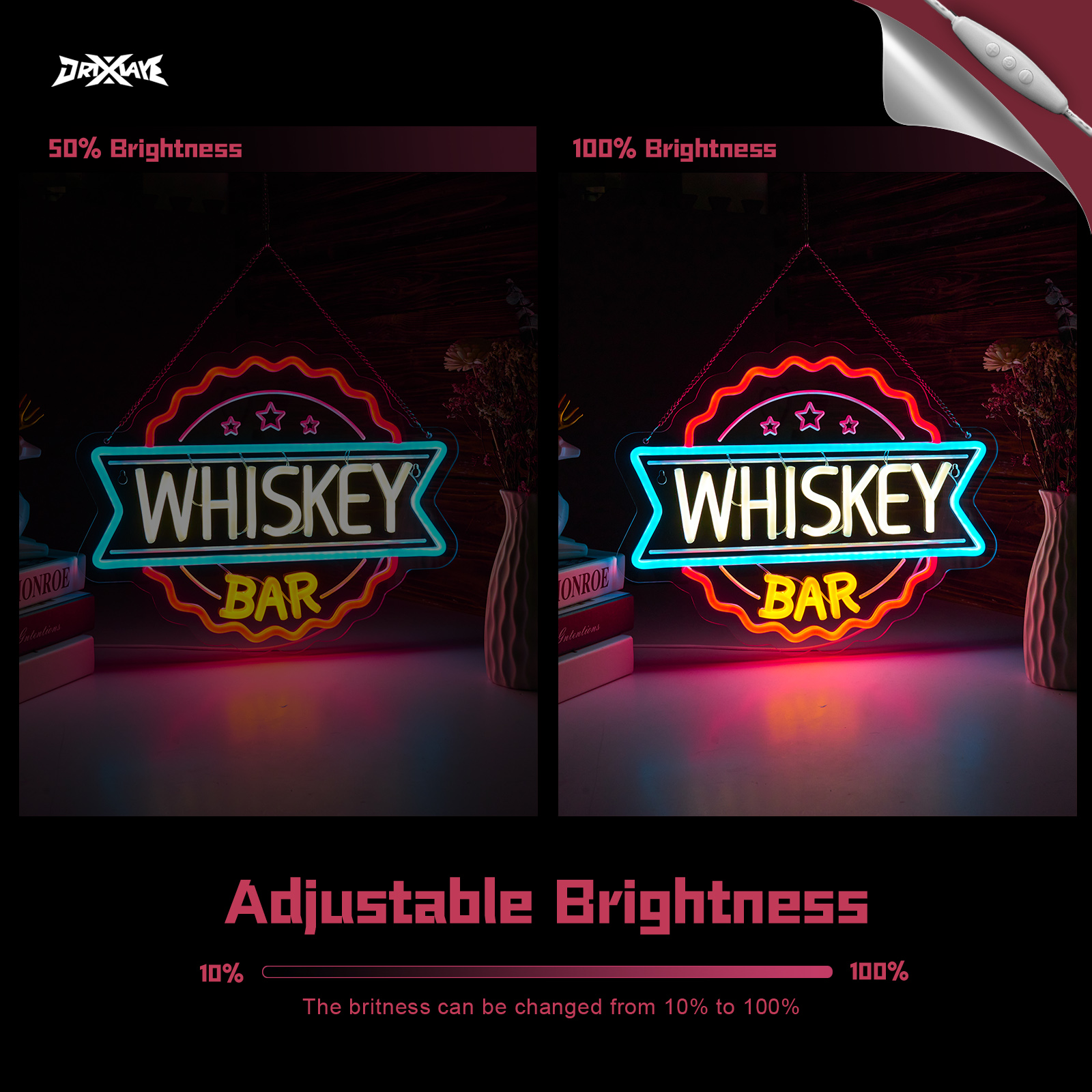 Whiskey Bar Neon Sign for wall decor Perfect for Home Bars, Pubs & Restaurants USB-Powered (15.6x12.4 Inches)