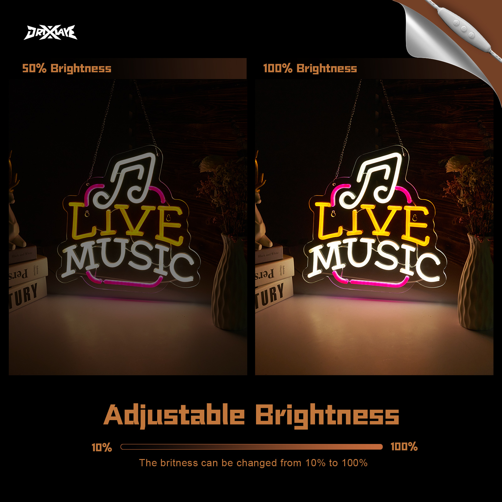 Live Music Neon Sign LED Wall Art for Bedroom, Bar, Studio – USB Powered, Dimmable, Energy-Efficient(12.6x12.6 Inch)