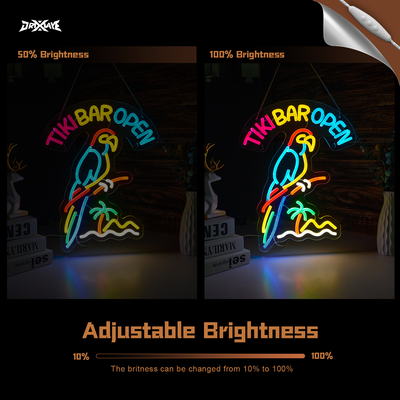 Tiki Bar Parrot Neon Sign for Wall Decor Hawaii Beach Bar LED Sign with Dimmer for Pub Party Man Cave Room Art Decor Gift USB-Powered (16.1x12.6) Inch