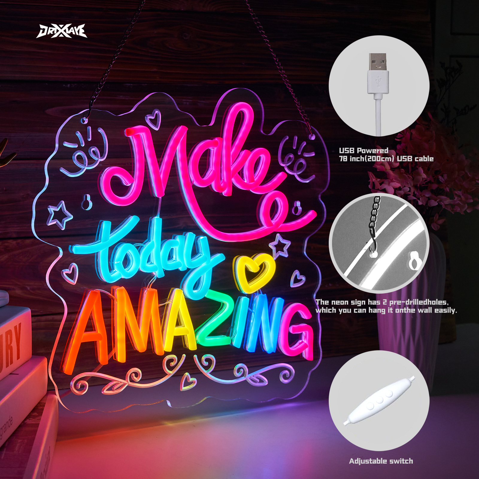 Make Today Amazing Neon Sign for Wall Decor Smart plug timer compatible USB-Powered Suitable for Kids Boys Room Study Room Gifts for Birthday(13.4x12.6 Inch)