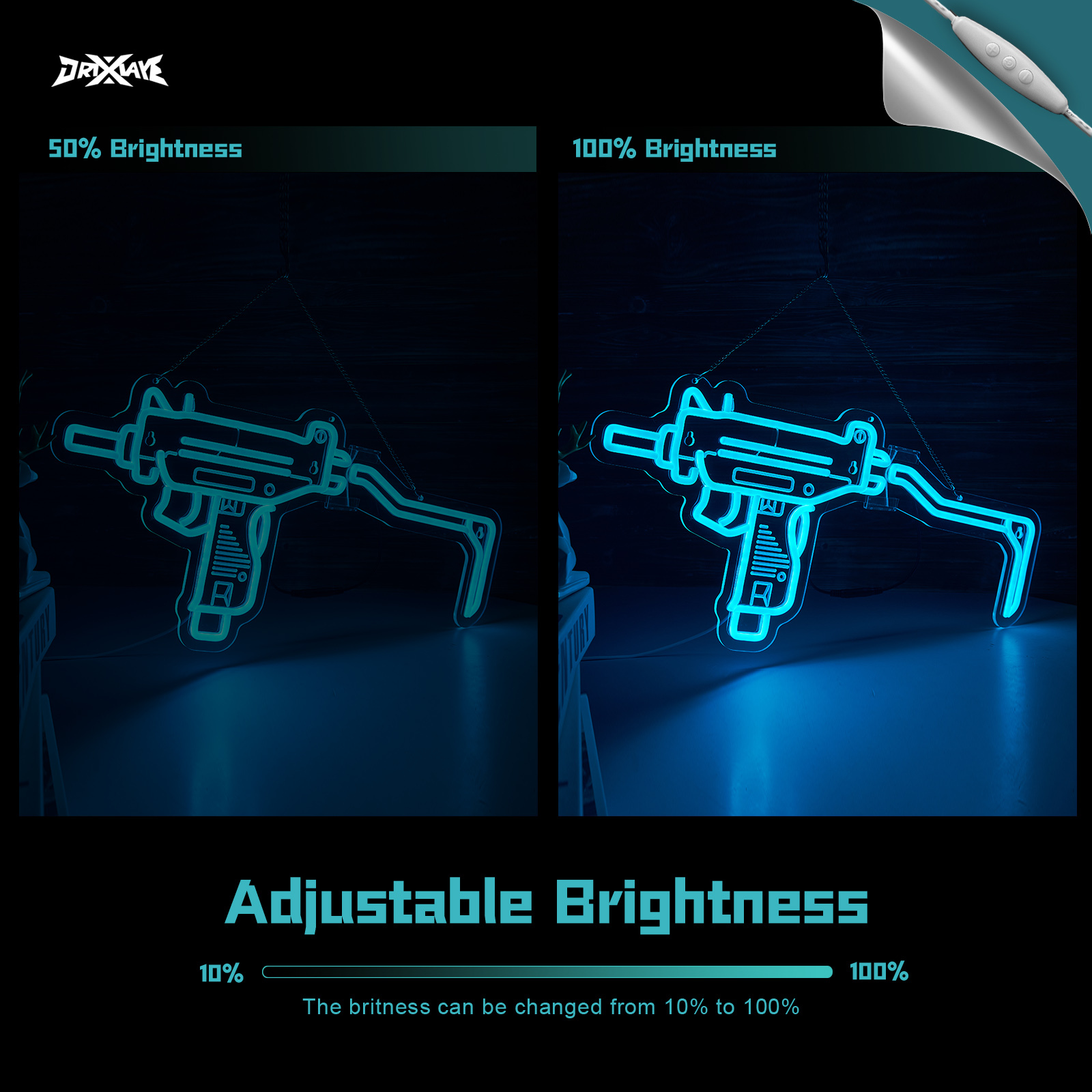 Gun Neon Sign UZI Sign for Wall Decor Large Size(23.4x11.2 Inch) Smart plug timer compatible USB Powered Man Cave Bedroom Decor