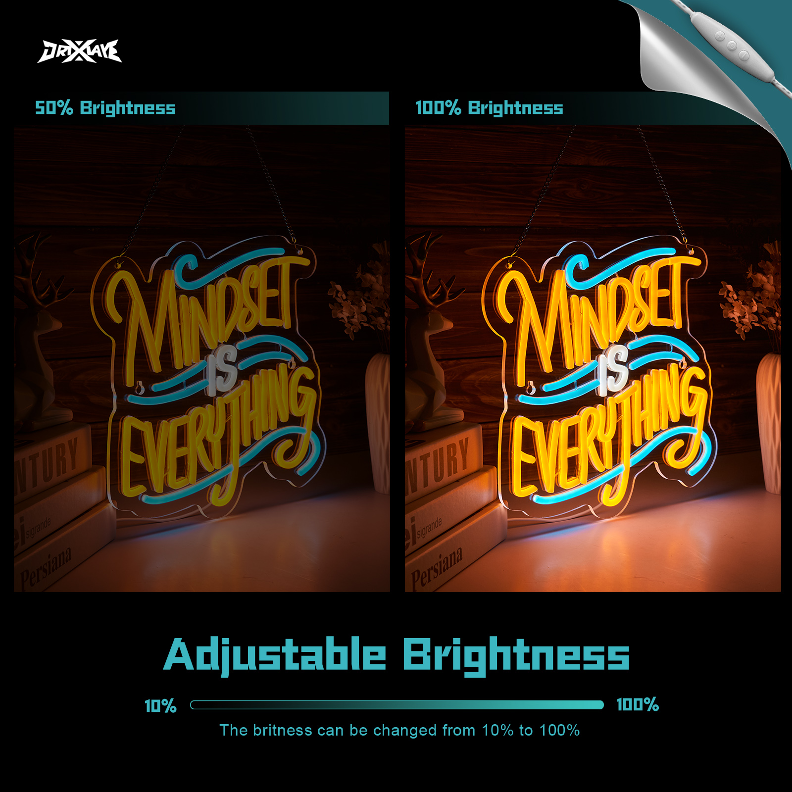 Mindset is Everything Neon Sign for Wall decor Light Smart plug timer compatible USB-Powered Teen Room Gifts for Birthday Kids Boys Room Decor(12.8x12.5Inch)