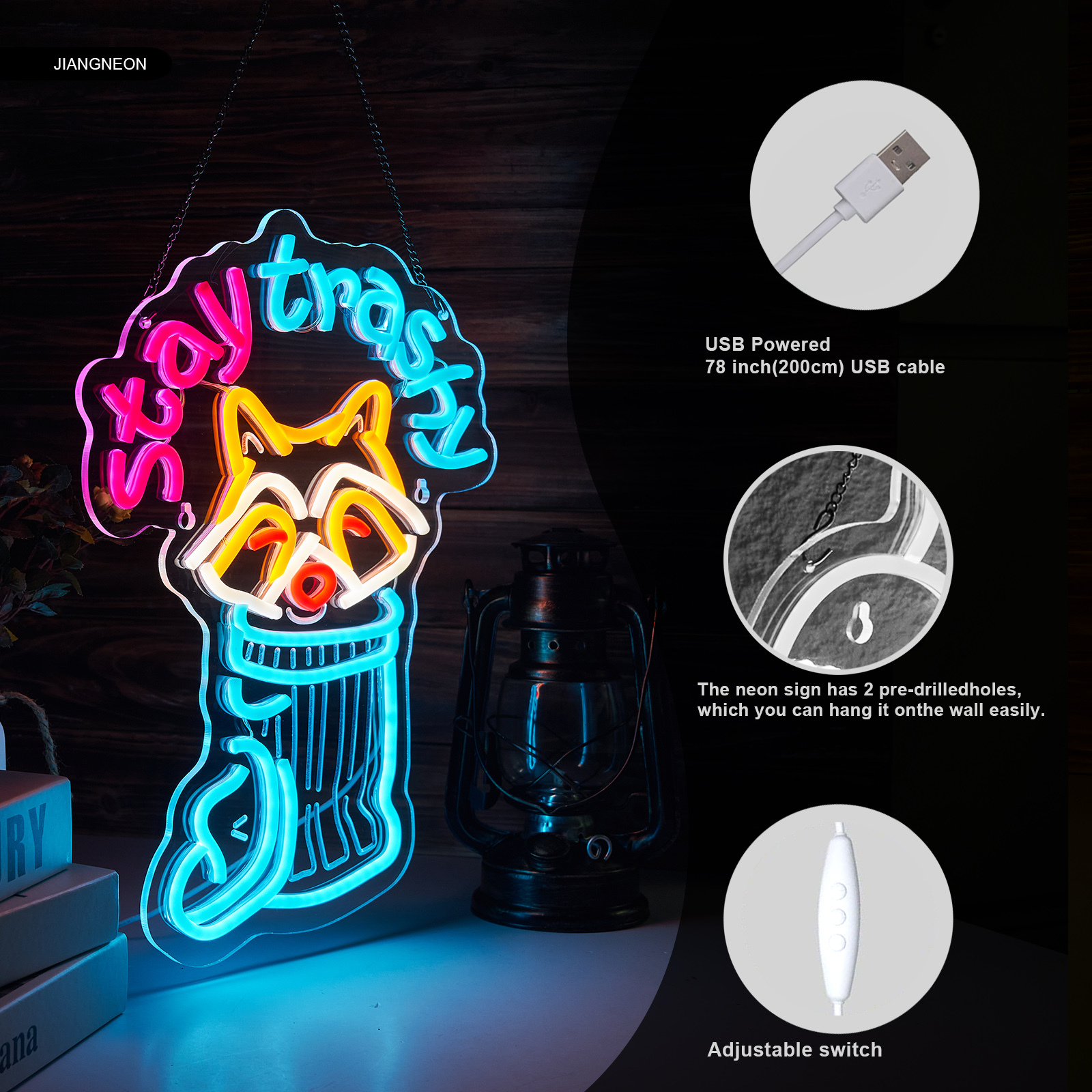 Stay Trashy Racoon Neon Sign for wall decor Smart plug timer compatible USB-Powered Suitable for Teen Room Gifts for Birthday Man Cave Bar Pub Art Decor (16.5x12.6 Inch)