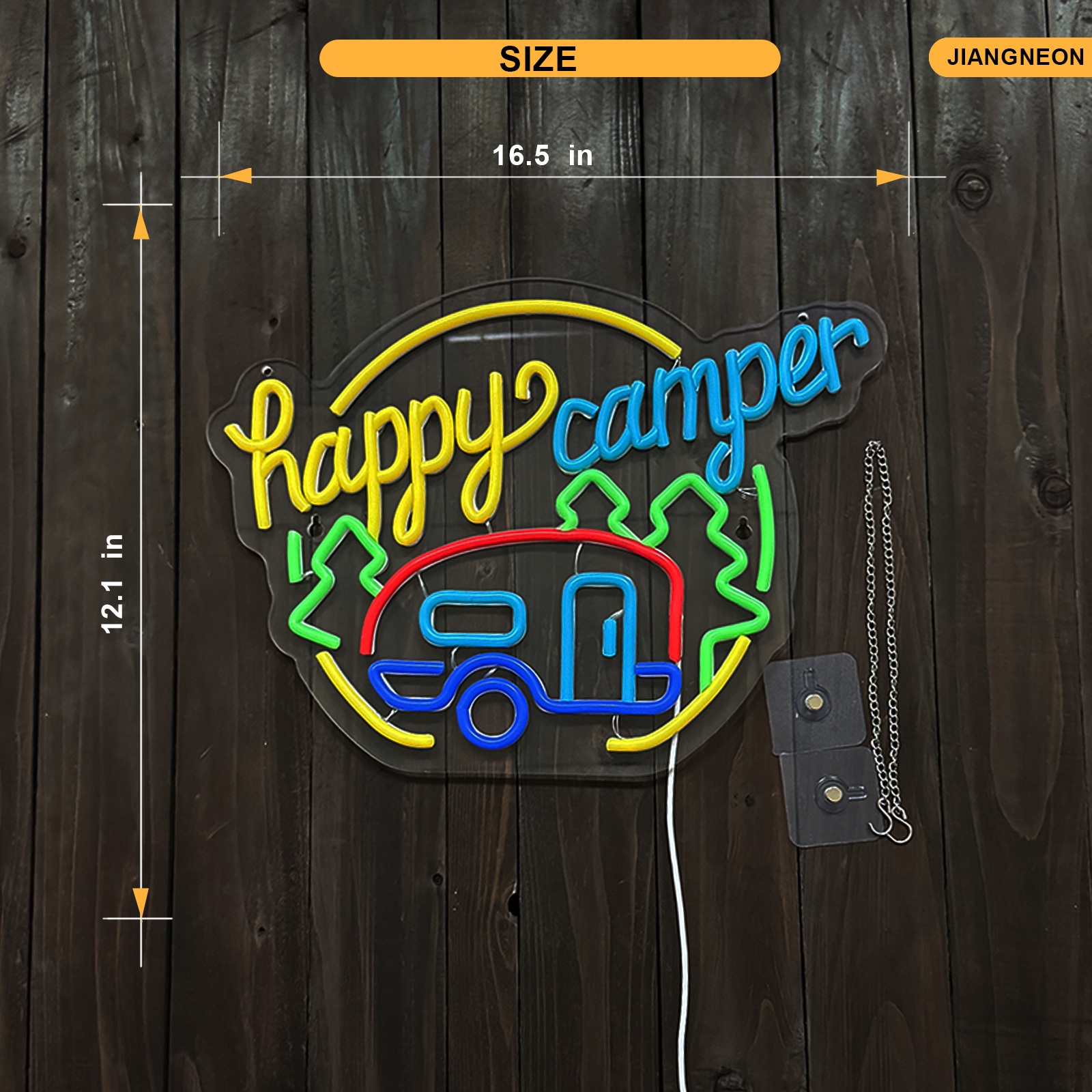 Happy Camper neon sign camping neon sign for wall decor Smart plug timer compatible USB-Powered Suitable for Teen Room Touring Car Gifts Campsite Decorations Inside Camper Backdrop (16.5x12.1 Inch)