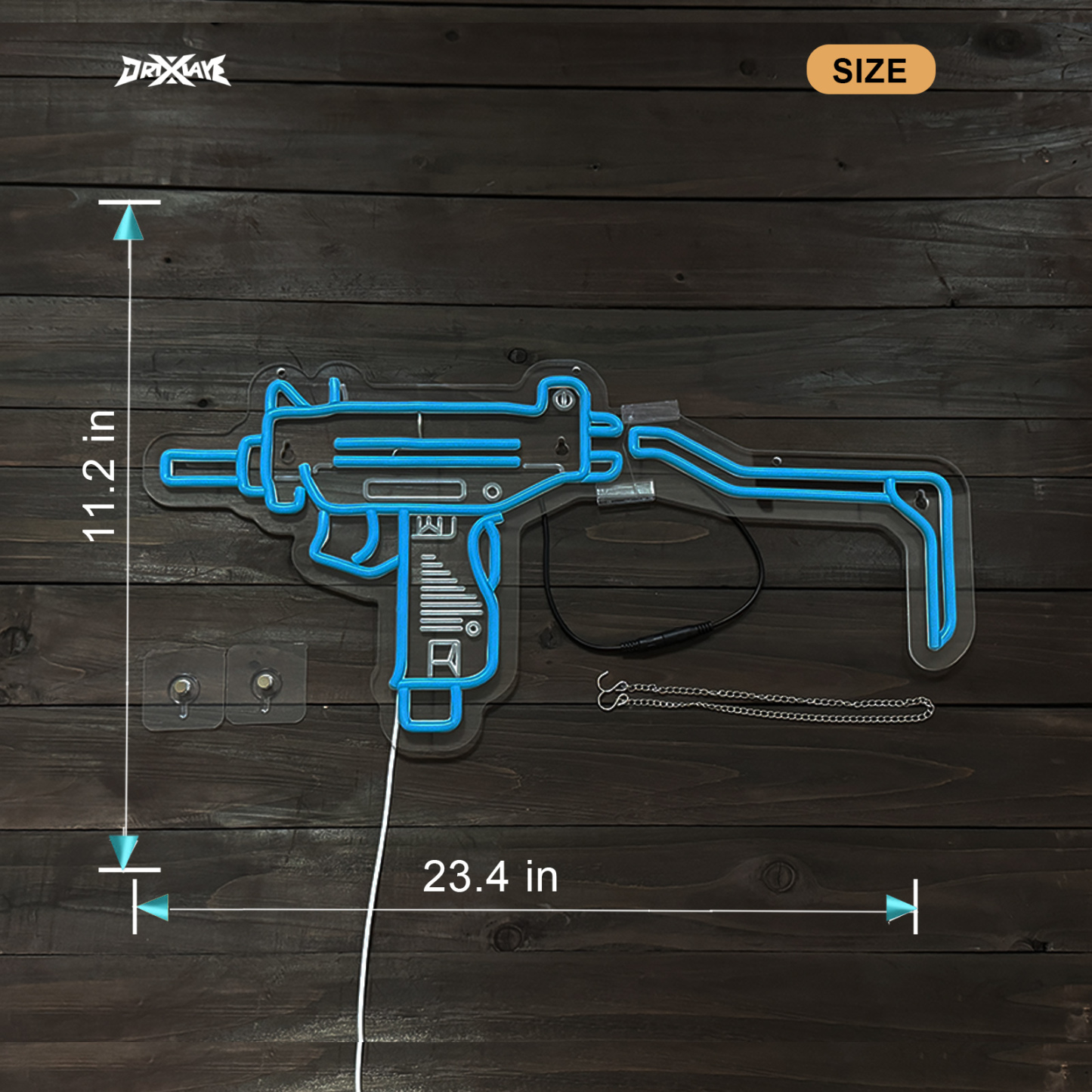 Gun Neon Sign UZI Sign for Wall Decor Large Size(23.4x11.2 Inch) Smart plug timer compatible USB Powered Man Cave Bedroom Decor