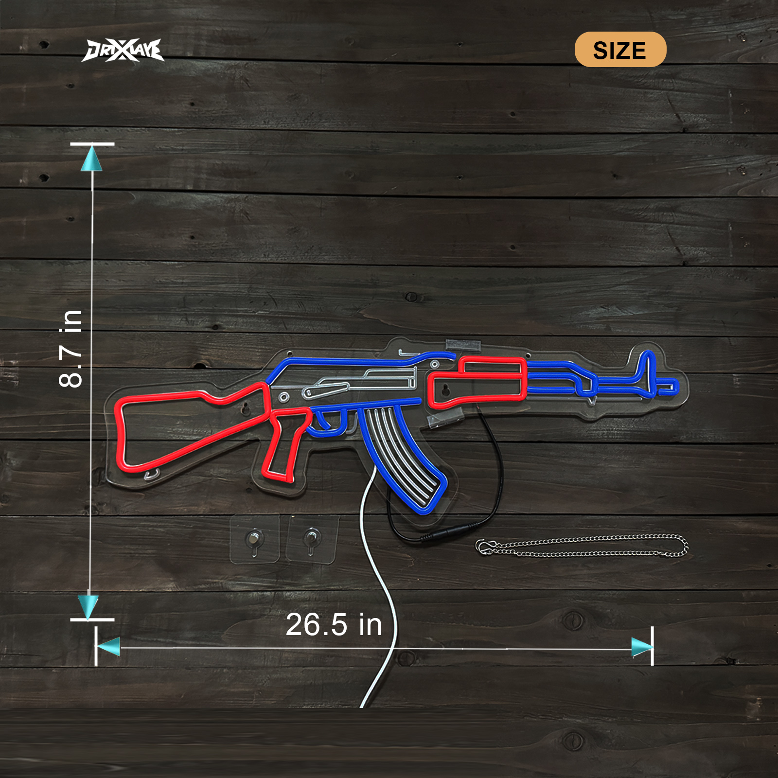 Gun Neon Sign AK 47 Sign for Wall Decor Large Size(26.5x8.7 Inch) Smart plug timer compatible USB Powered Man Cave Bedroom Decor