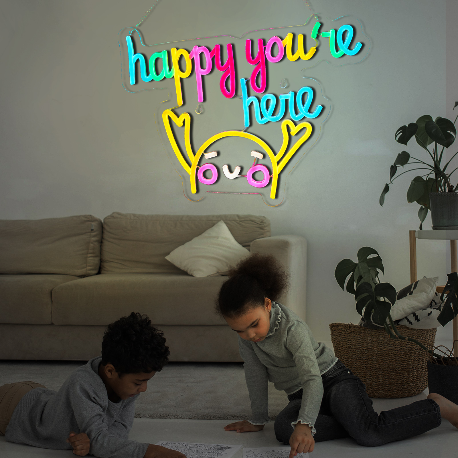 Happy You're Here Neon Sign for wall decor Smart plug timer compatible USB-Powered Suitable for Teen Room Gifts for Birthday Kids Room Art Decor (16.1x12.6 Inch)