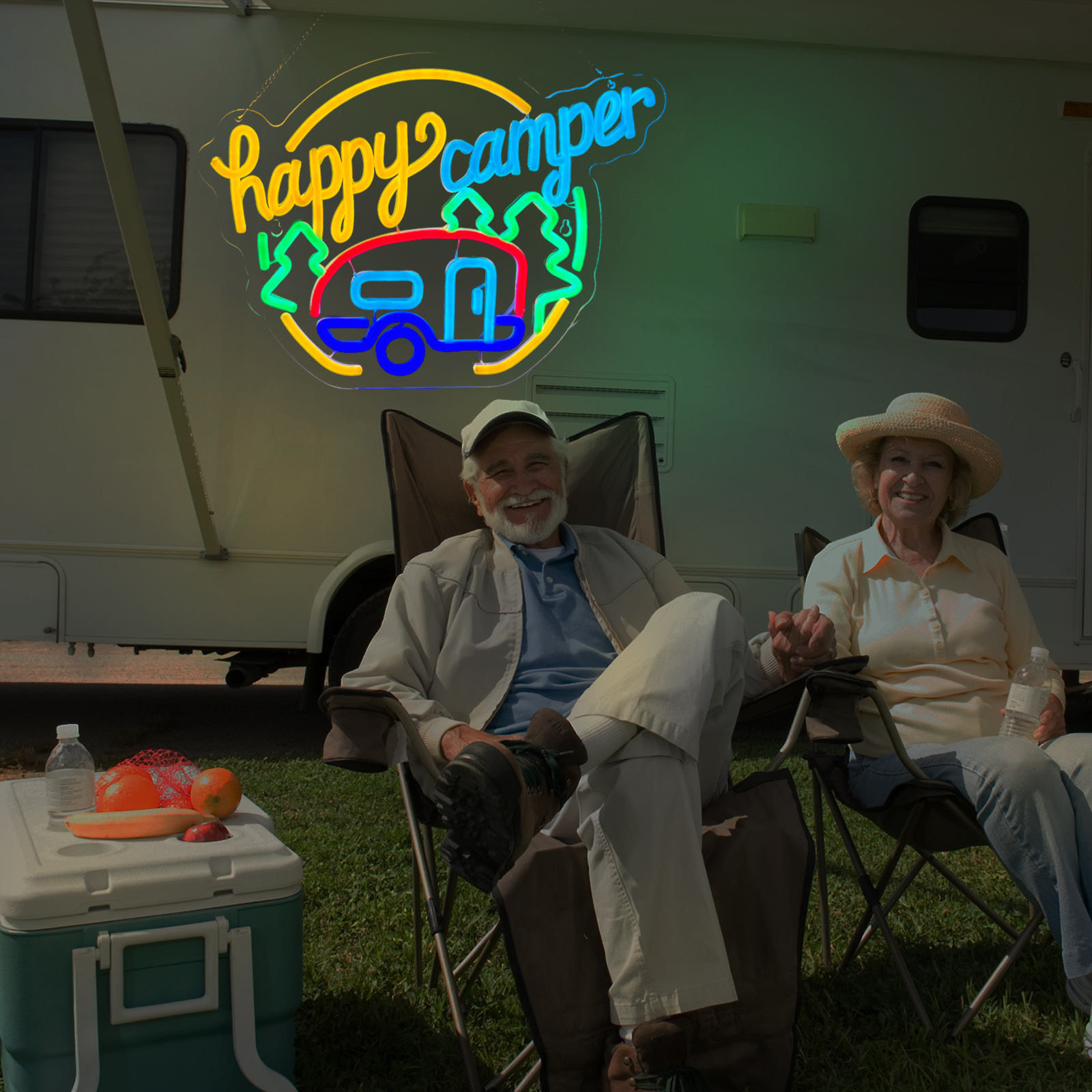 Happy Camper neon sign camping neon sign for wall decor Smart plug timer compatible USB-Powered Suitable for Teen Room Touring Car Gifts Campsite Decorations Inside Camper Backdrop (16.5x12.1 Inch)