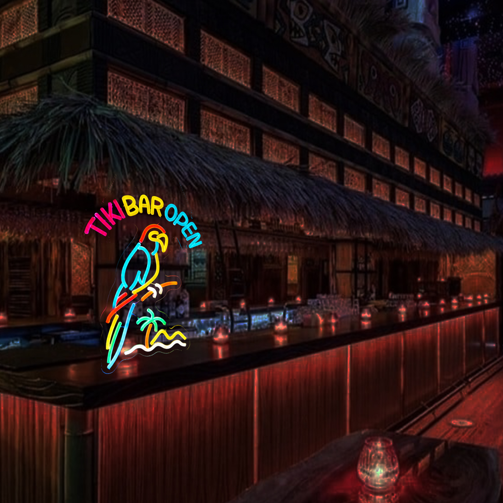 Tiki Bar Parrot Neon Sign for Wall Decor Hawaii Beach Bar LED Sign with Dimmer for Pub Party Man Cave Room Art Decor Gift USB-Powered (16.1x12.6) Inch