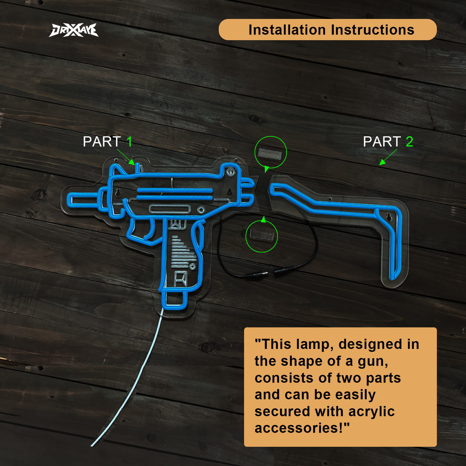 Gun Neon Sign UZI Sign for Wall Decor Large Size(23.4x11.2 Inch) Smart plug timer compatible USB Powered Man Cave Bedroom Decor