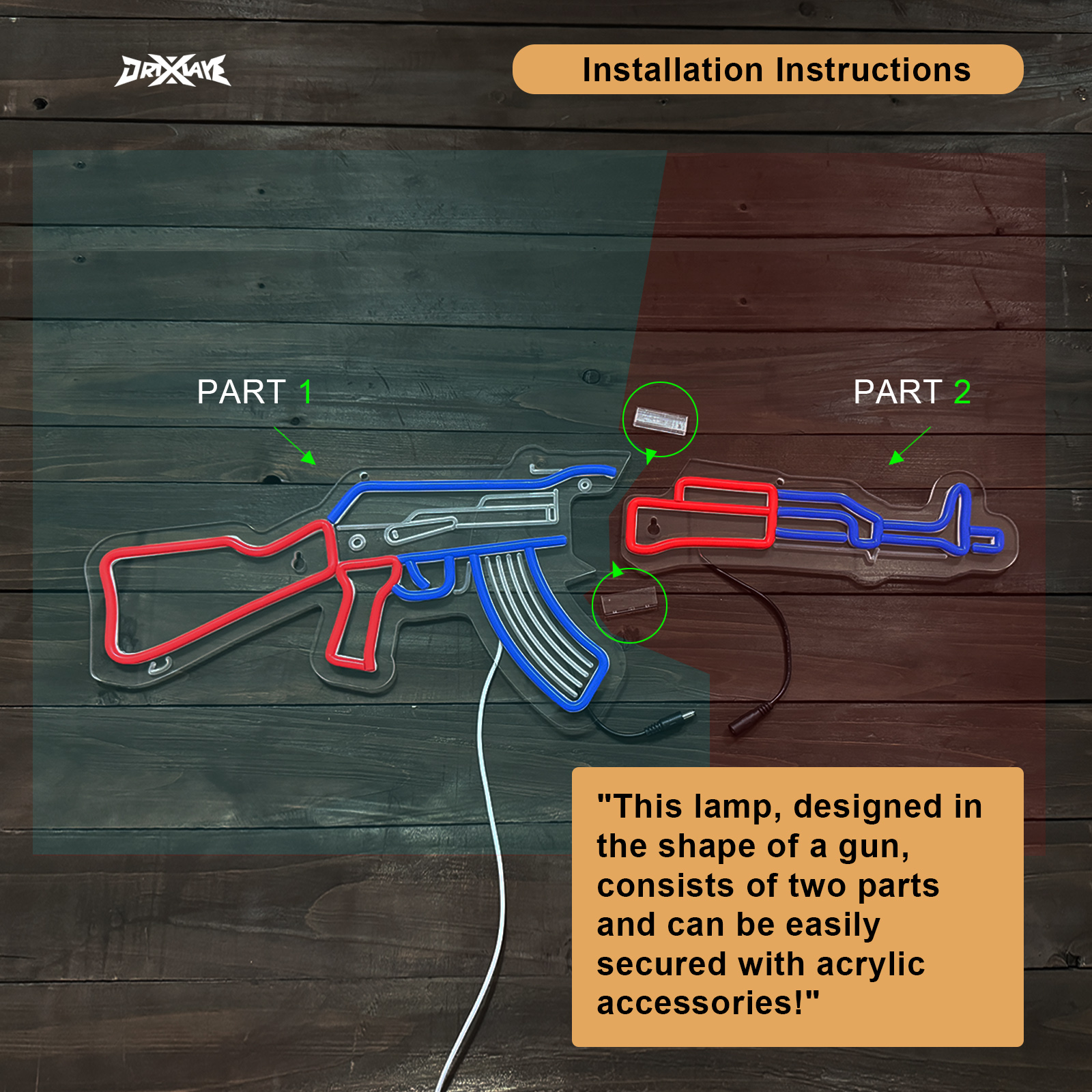 Gun Neon Sign AK 47 Sign for Wall Decor Large Size(26.5x8.7 Inch) Smart plug timer compatible USB Powered Man Cave Bedroom Decor