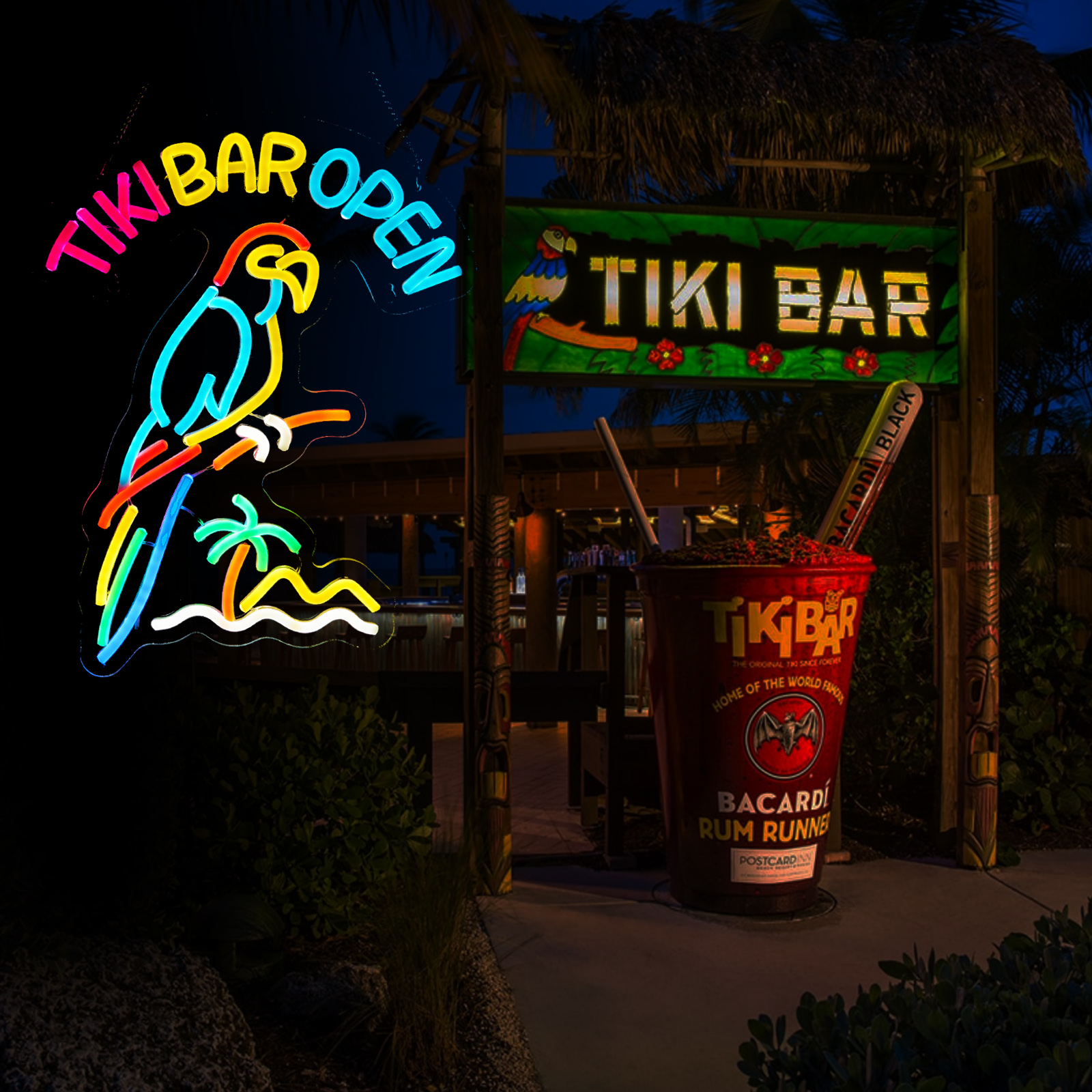 Tiki Bar Parrot Neon Sign for Wall Decor Hawaii Beach Bar LED Sign with Dimmer for Pub Party Man Cave Room Art Decor Gift USB-Powered (16.1x12.6) Inch