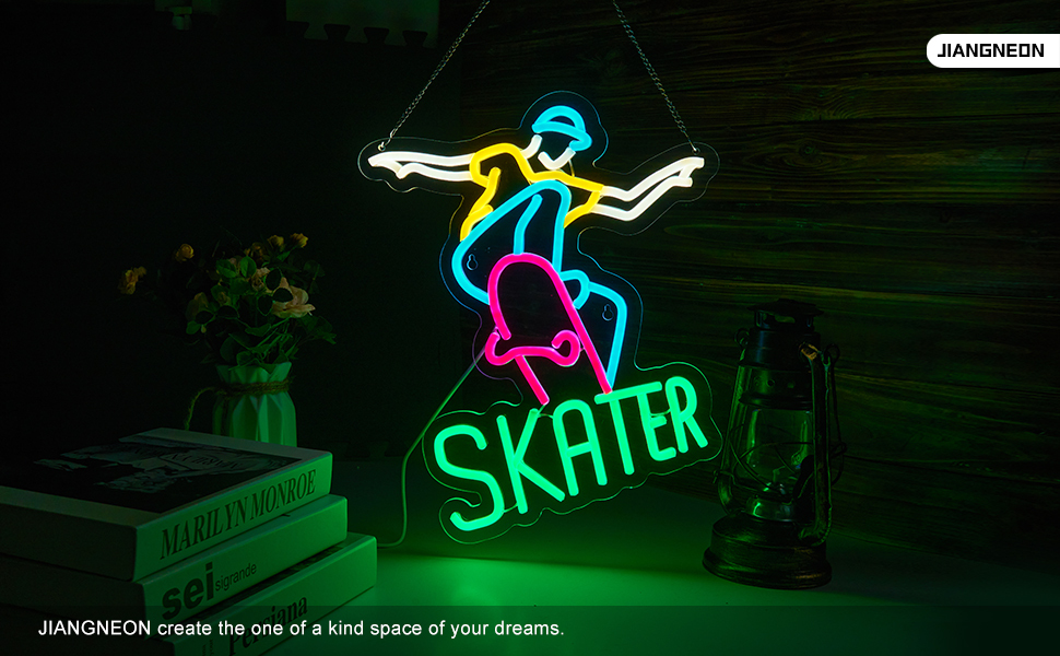 Skater Neon Sign Skateboard Neon Sign for wall decor Gifts for Birthday Kids Room Art Decor(15.8x12.6 Inch)