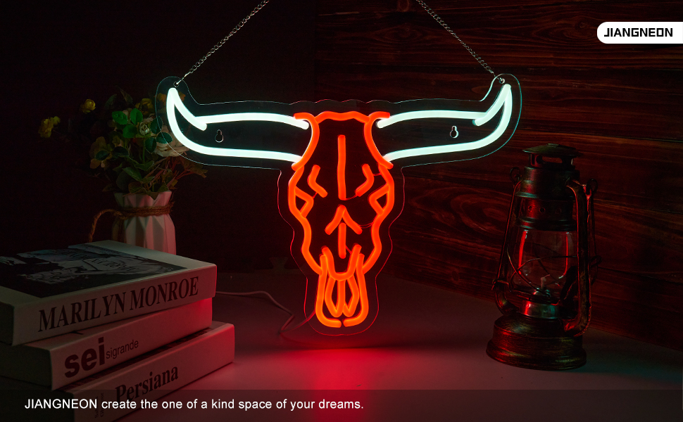 Longhorn Bull Skull Neon Sign Cowboy Western Rodeo Bull Skull Neon Sign for wall decor Beer Bar Club Man Cave(16.5x11.9 Inch)