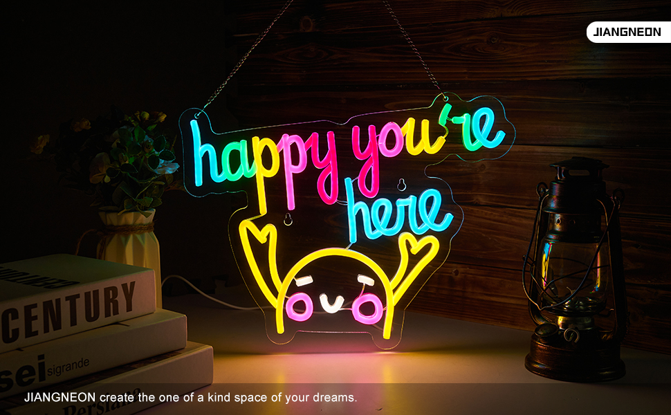 Happy You're Here Neon Sign for wall decor Smart plug timer compatible USB-Powered Suitable for Teen Room Gifts for Birthday Kids Room Art Decor (16.1x12.6 Inch)