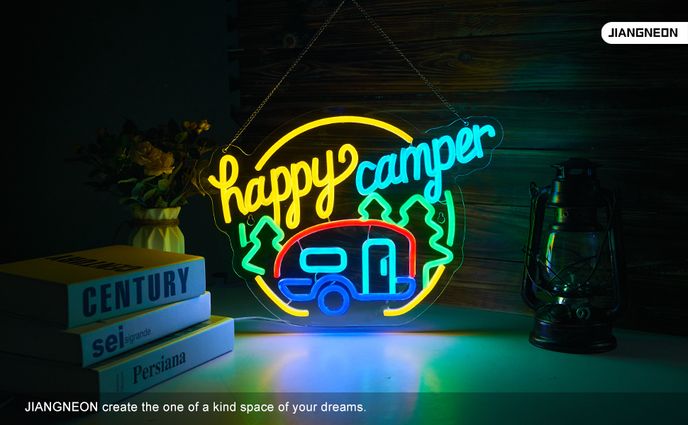 Happy Camper neon sign camping neon sign for wall decor Smart plug timer compatible USB-Powered Suitable for Teen Room Touring Car Gifts Campsite Decorations Inside Camper Backdrop (16.5x12.1 Inch)