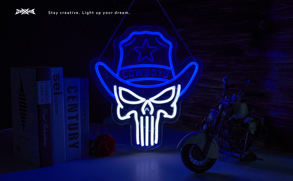 Cowboy neon sign Skull LED Sign Punisher Neon Light for wall decor Skeleton Neon Light Teen Room Decor Hip Hop Party Signs for Bedroom Man Cave Bar Store Home Party Gifts Art Decor(Blue + White Skull)