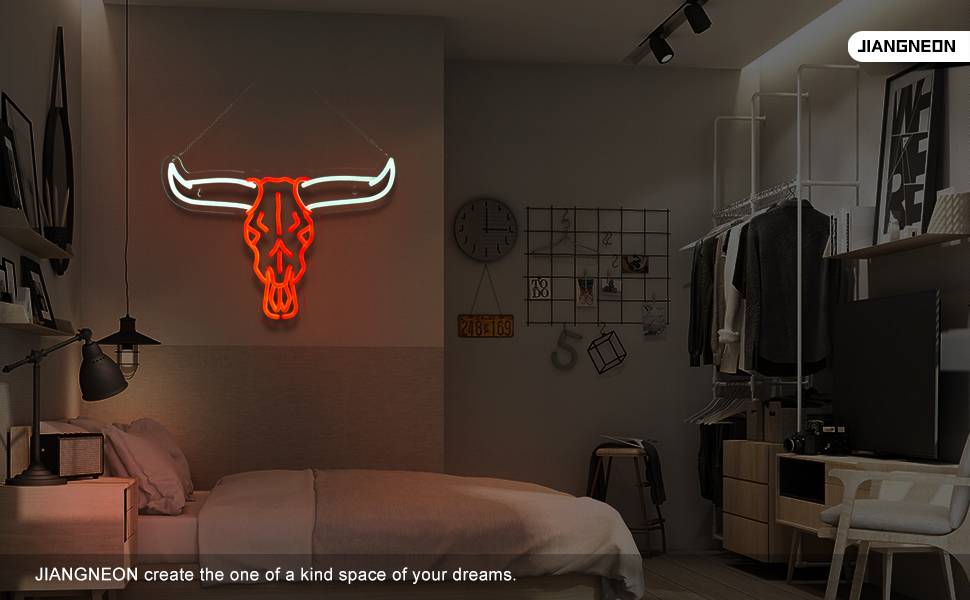 Longhorn Bull Skull Neon Sign Cowboy Western Rodeo Bull Skull Neon Sign for wall decor Beer Bar Club Man Cave(16.5x11.9 Inch)