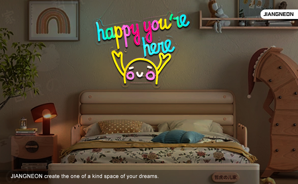 Happy You're Here Neon Sign for wall decor Smart plug timer compatible USB-Powered Suitable for Teen Room Gifts for Birthday Kids Room Art Decor (16.1x12.6 Inch)