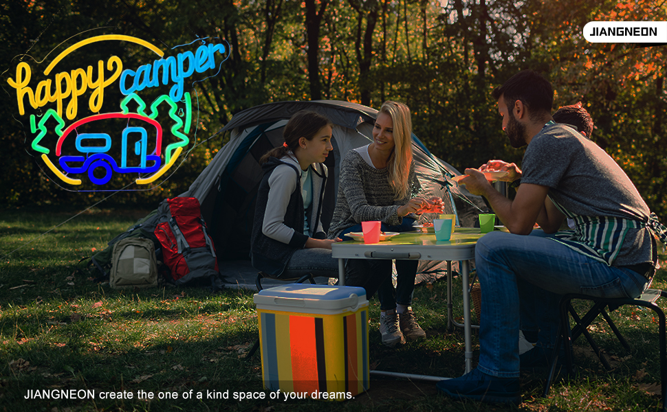 Happy Camper neon sign camping neon sign for wall decor Smart plug timer compatible USB-Powered Suitable for Teen Room Touring Car Gifts Campsite Decorations Inside Camper Backdrop (16.5x12.1 Inch)