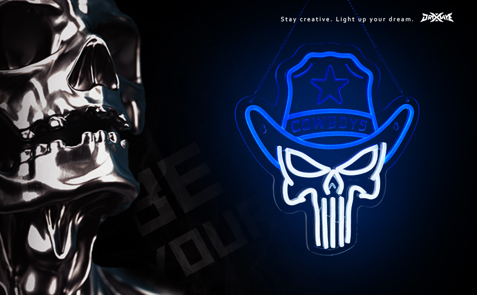 Cowboy neon sign Skull LED Sign Punisher Neon Light for wall decor Skeleton Neon Light Teen Room Decor Hip Hop Party Signs for Bedroom Man Cave Bar Store Home Party Gifts Art Decor(Blue + White Skull)