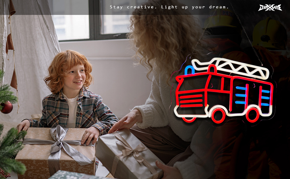 Fire Fighting Truck Neon Sign for Wall Decor Teen Room Decor Gifts for Birthday Kids Boys Playroom Decor (Red+White Fire Fighting Truck)