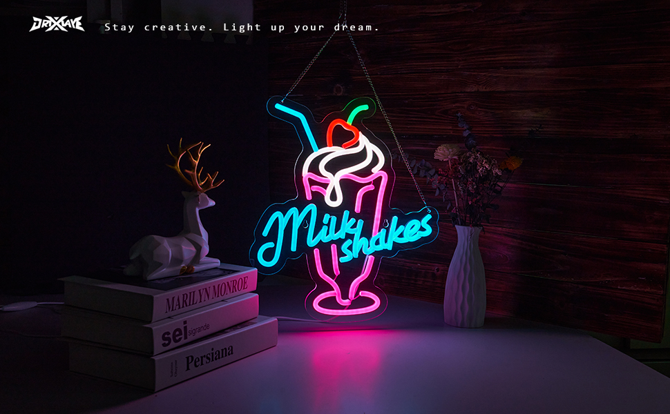 Milk Shakes Neon Signs Ice Cream Neon Light Milk Tea LED Neon Light Milk USB Powered Dimmable(12.6x14.8 Inch)