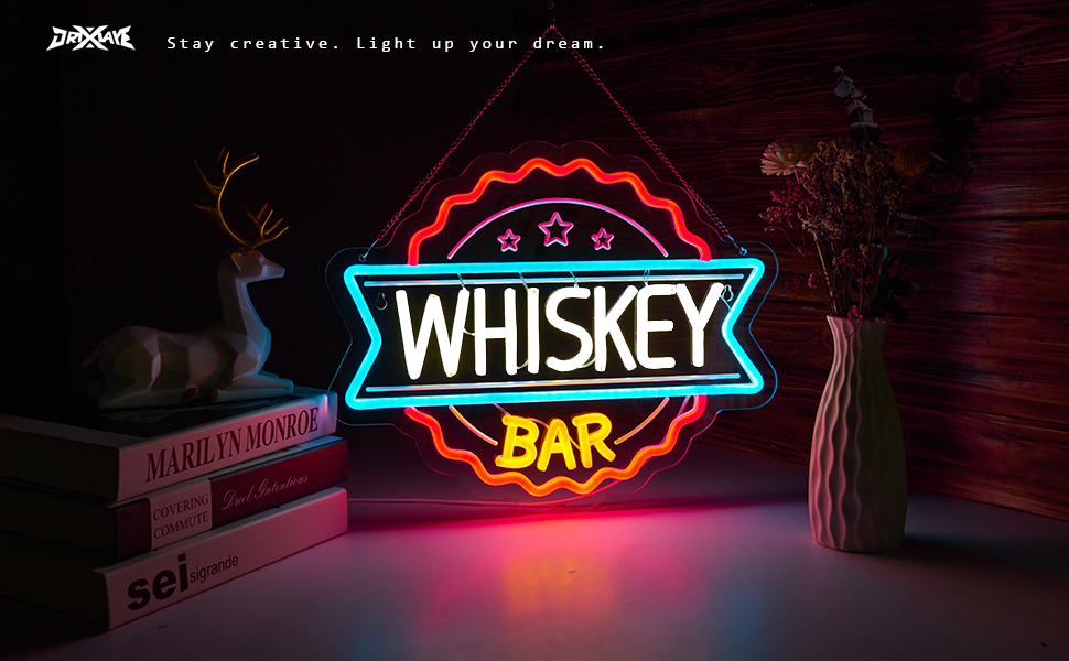 Whiskey Bar Neon Sign for wall decor Perfect for Home Bars, Pubs & Restaurants USB-Powered (15.6x12.4 Inches)