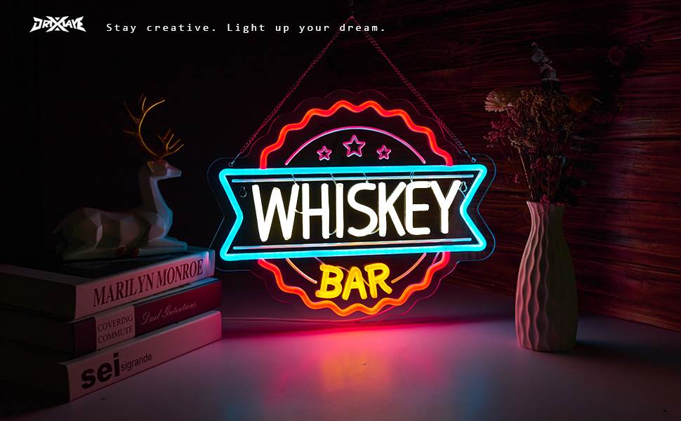 Whiskey Bar Neon Sign for wall decor Perfect for Home Bars, Pubs & Restaurants USB-Powered (15.6x12.4 Inches)